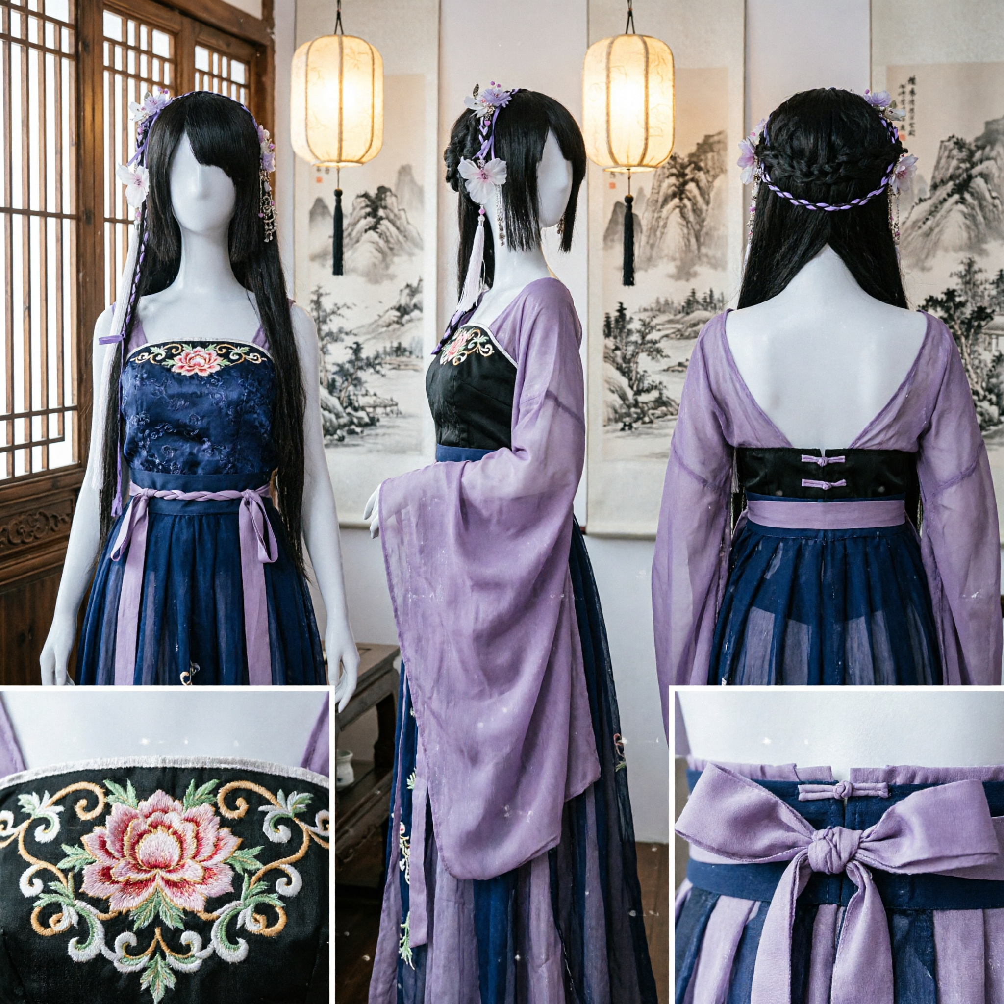 Ancient Chinese Princess Wig Hanfu Hairpiece with Purple Flowers and Tassels for Traditional Costume Cosplay - Asian Costume