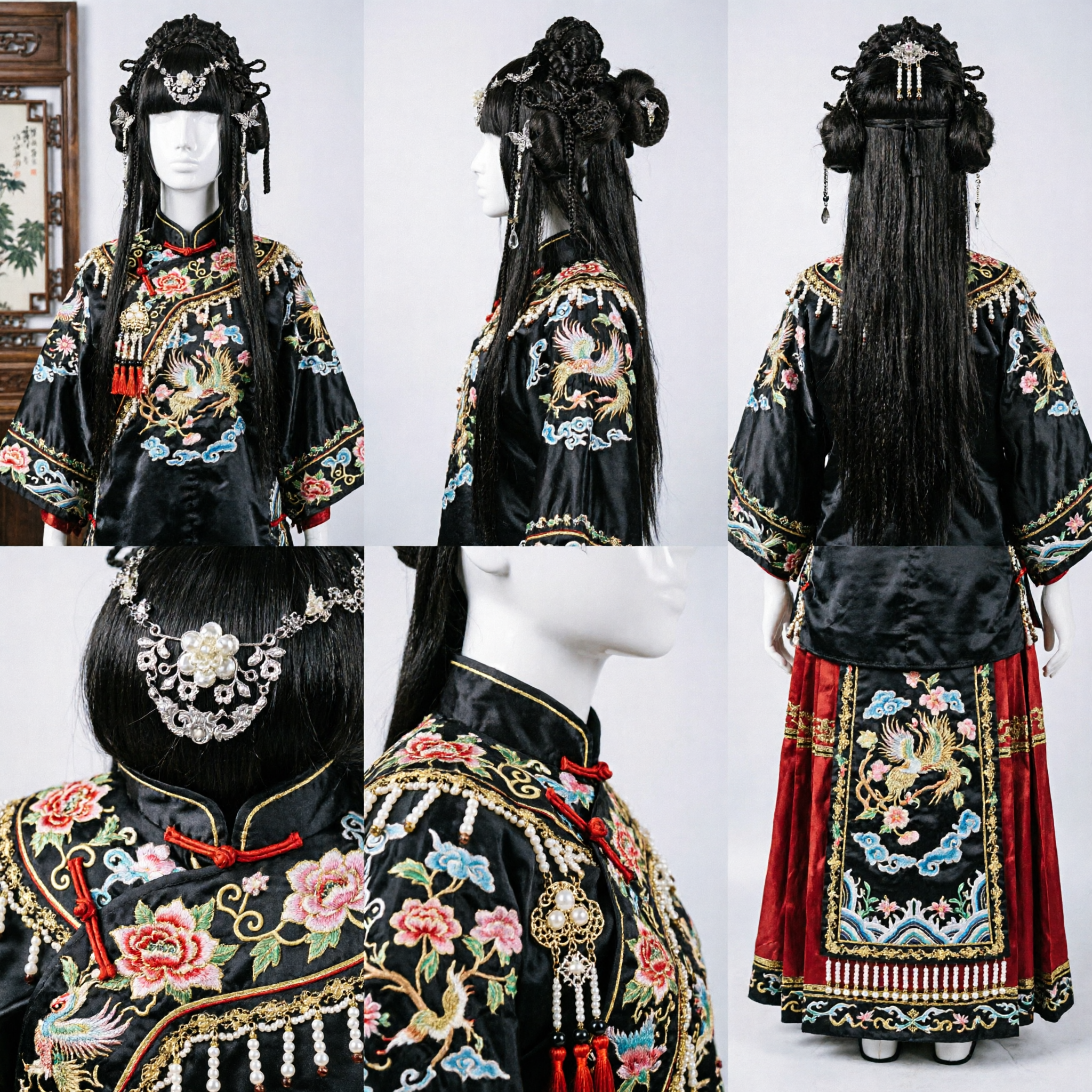 Traditional Chinese Hanfu Wig Black Braided Updo with Silver Ornaments for Ancient Princess Cosplay Women - Asian Costume