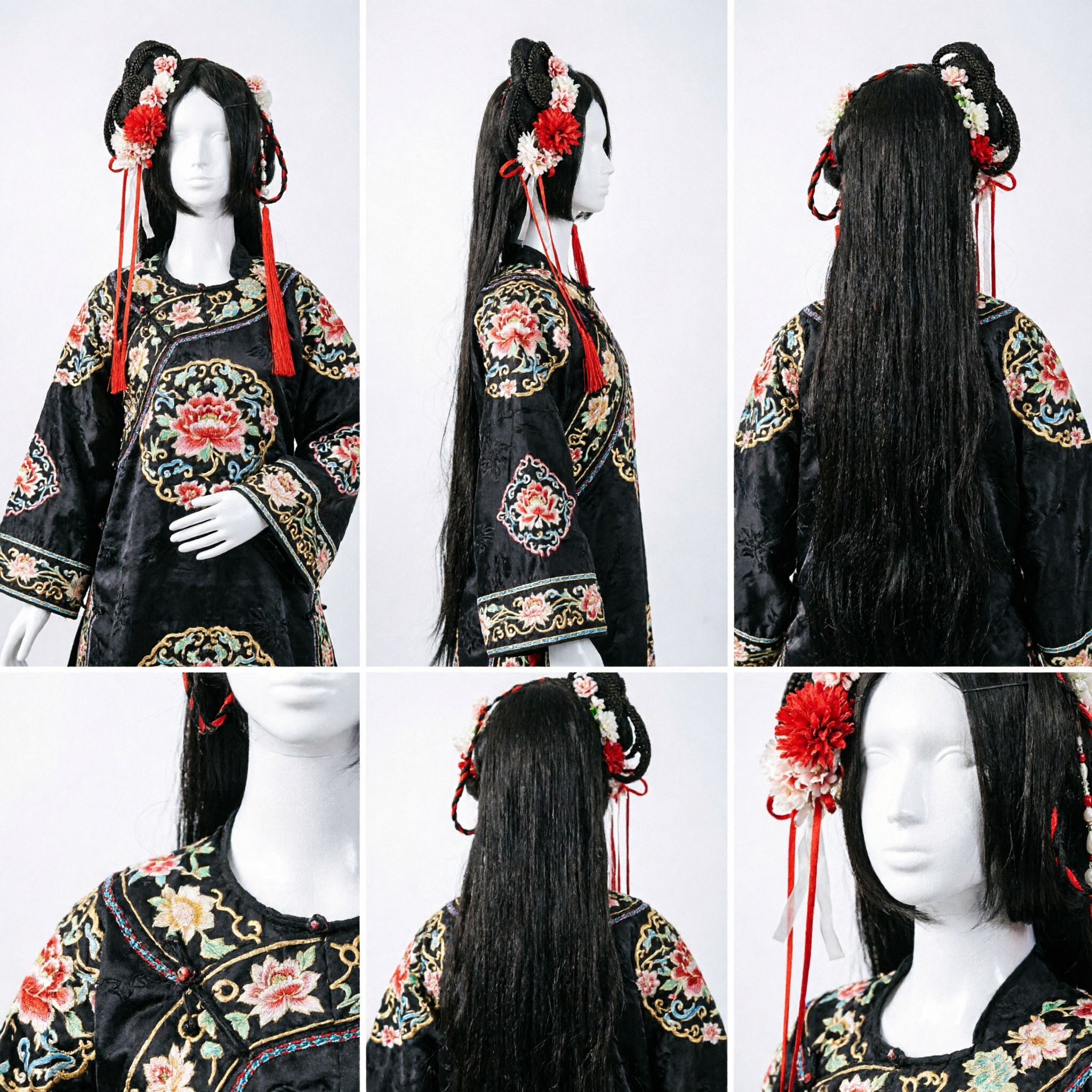 Traditional Chinese Ancient Princess Hair Accessories Hanfu Wig Set with Red Flowers and Ribbons for Cosplay - Asian Costume