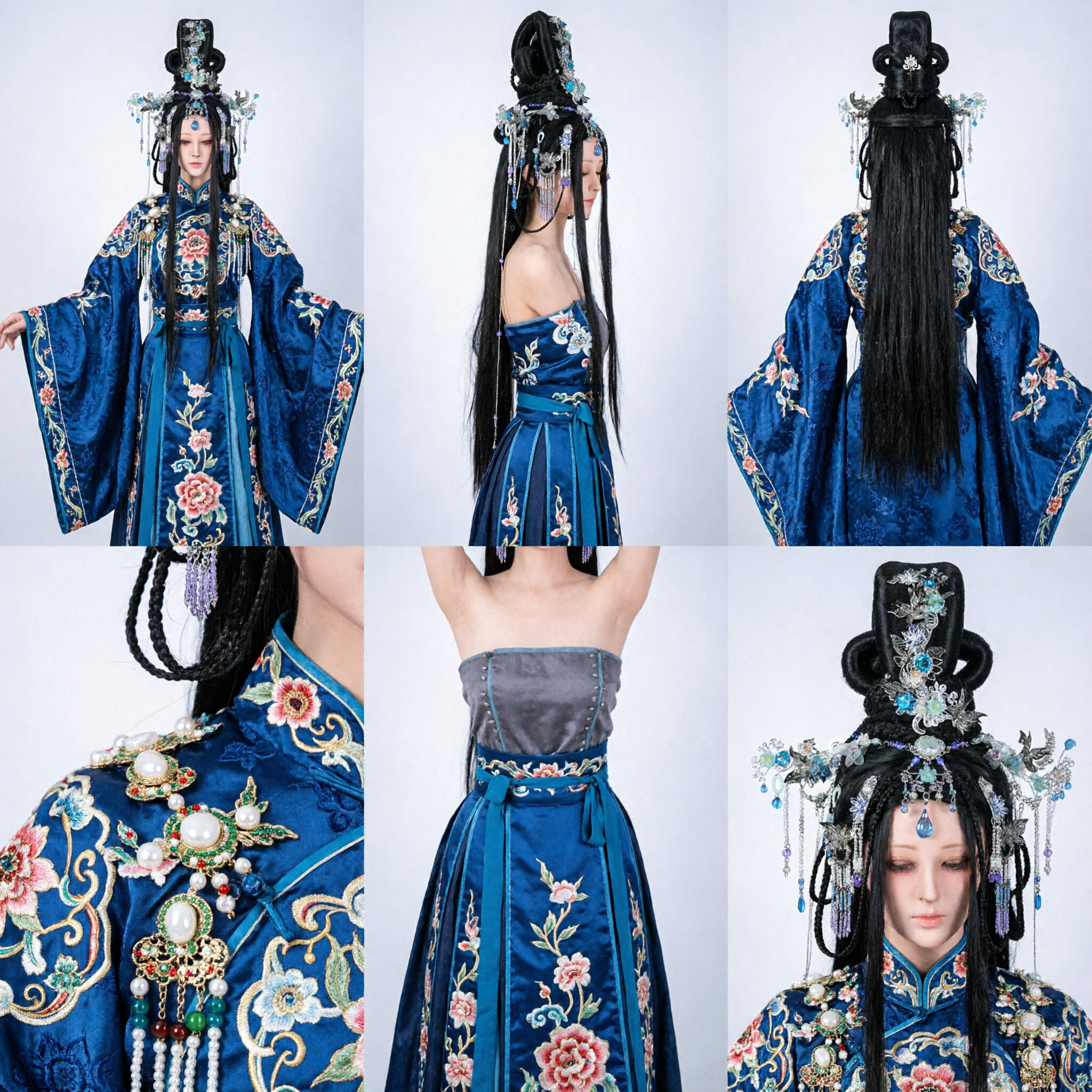 Ancient Chinese Princess Headdress with Black Wig and Blue Jewelry for Cosplay and Hanfu Events - Asian Costume