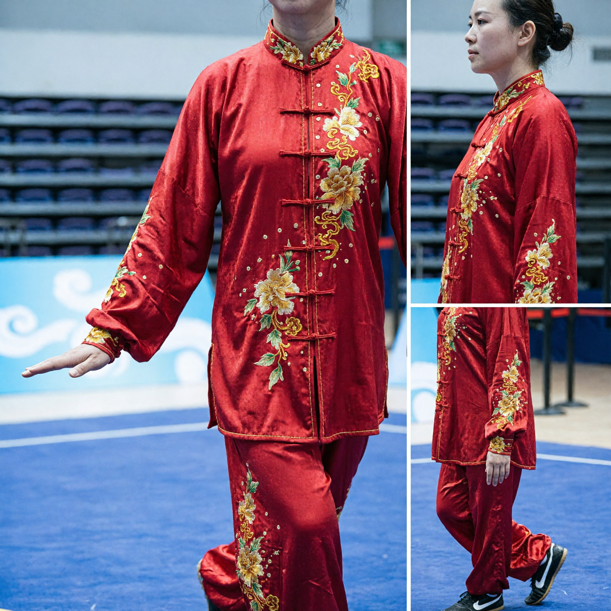 Red Satin Chinese Wushu Uniform Women Martial Arts Tai Chi Kung Fu Suit Dragon Embroidery Performance Costume - Asian Costume