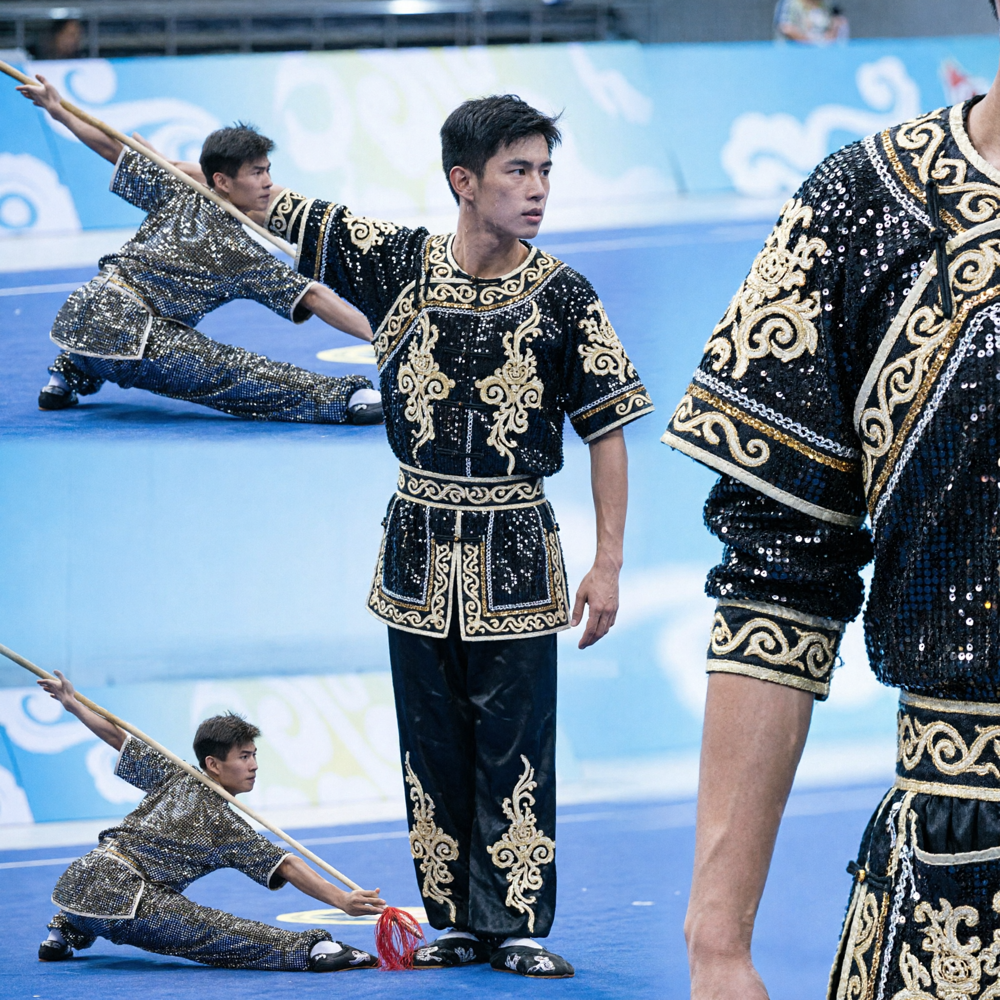 Men's Professional Sequin Wushu Kung Fu Uniform for Martial Arts Competition and Performance - Asian Costume
