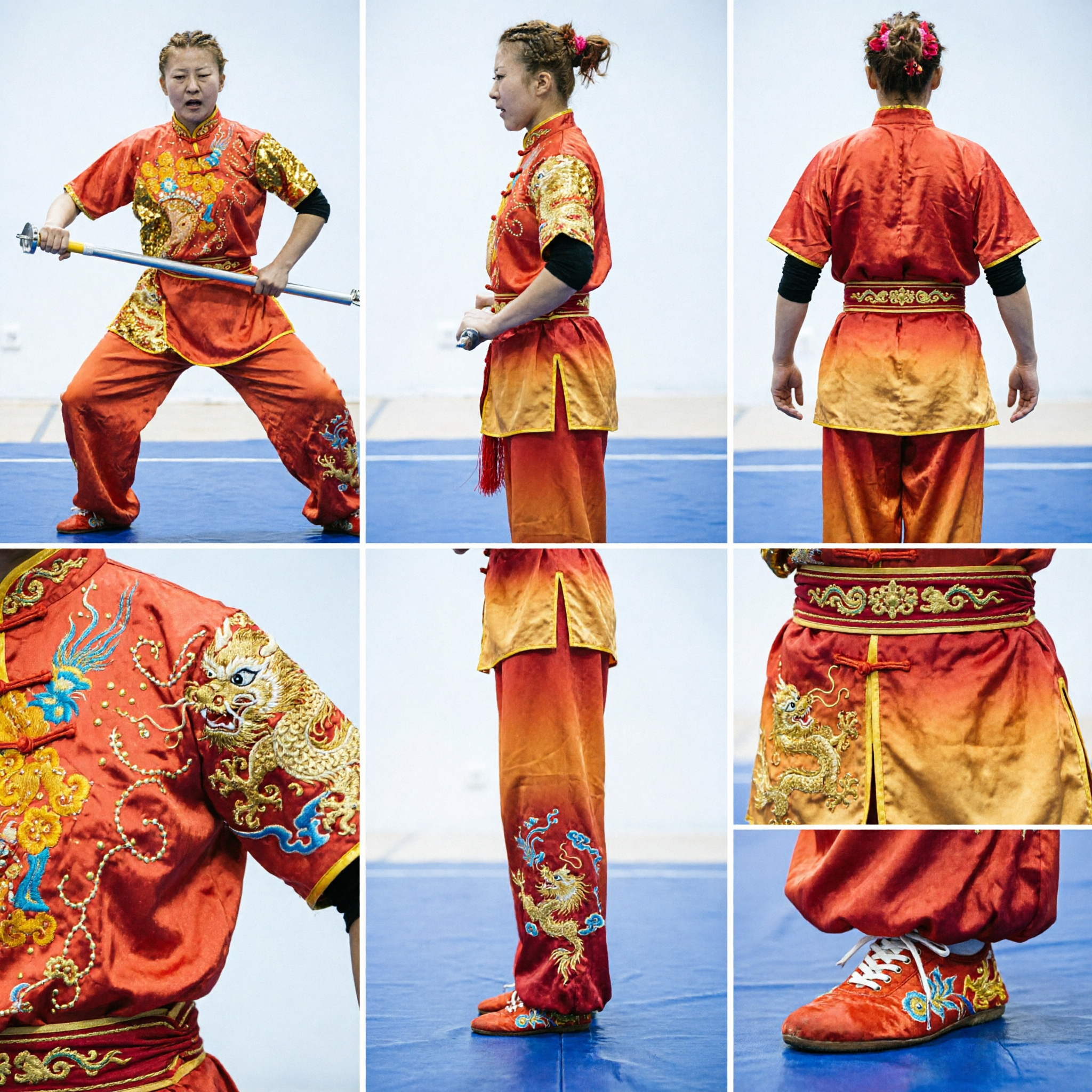 Women's Orange Gold Sequin Dragon Wushu Changquan Uniform Traditional Kung Fu Martial Arts Competition Costume - Asian Costume