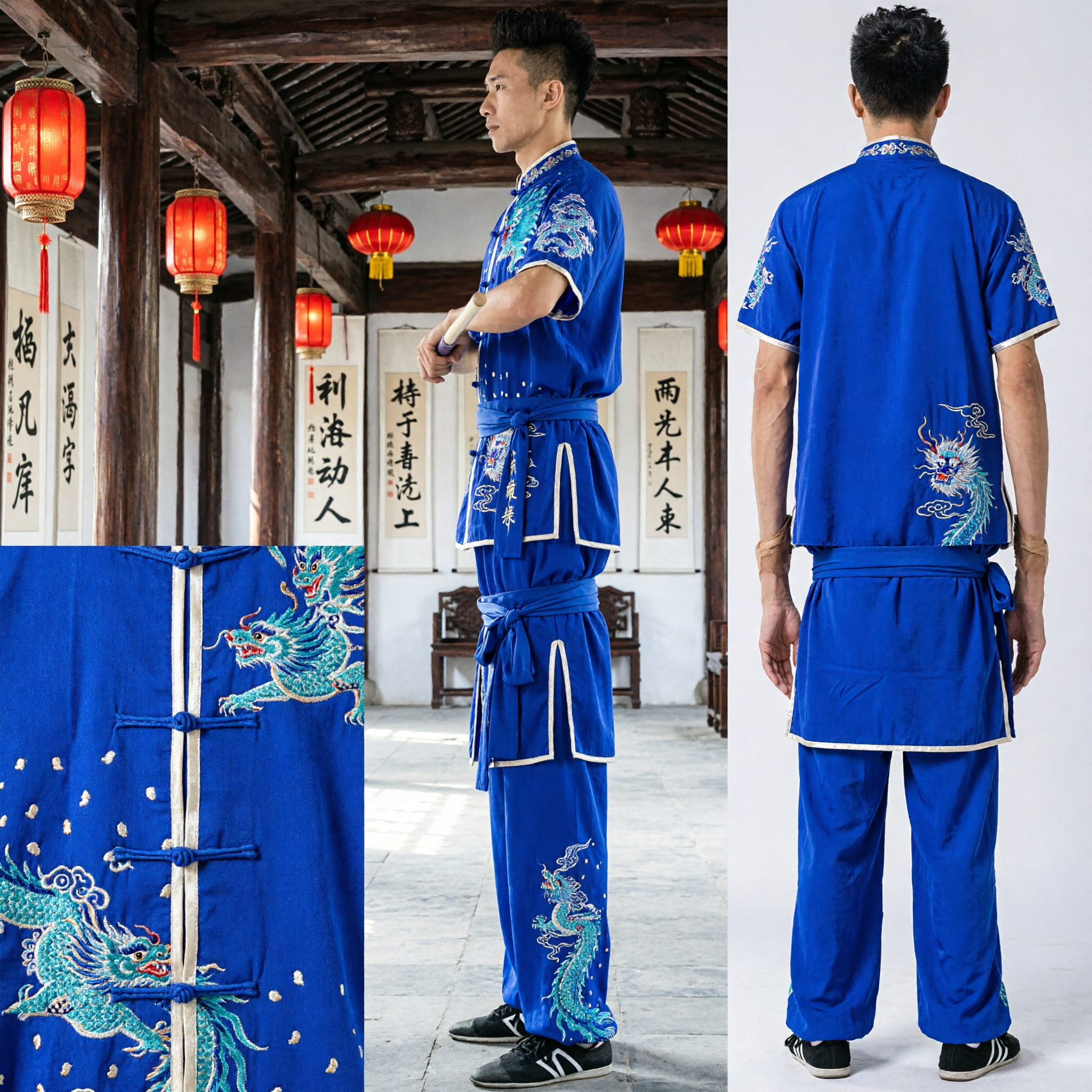 Men's Blue Silk Wushu Uniform Embroidered Changquan Kung Fu Suit for Martial Arts Competition Performance - Asian Costume