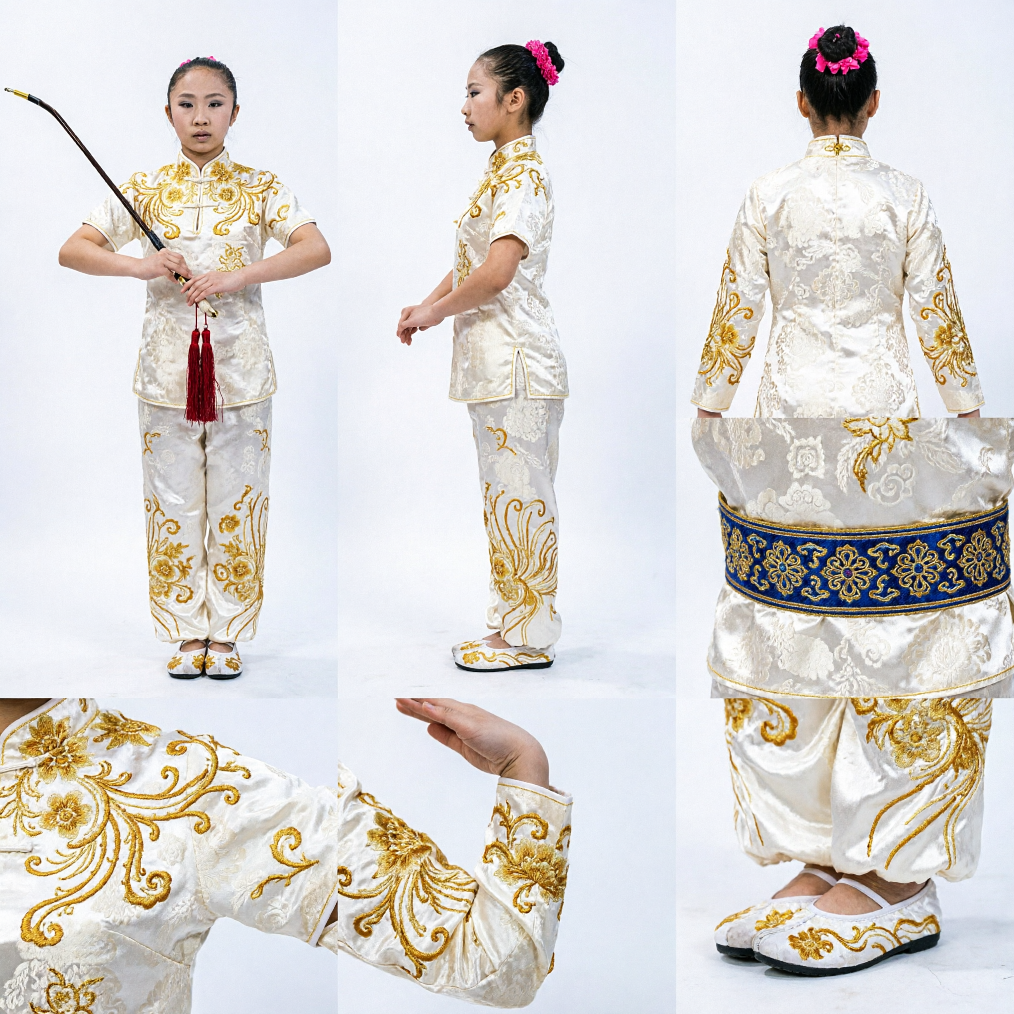 Women's White Gold Embroidered Wushu Uniform Traditional Chinese Martial Arts Changquan Competition Costume - Asian Costume