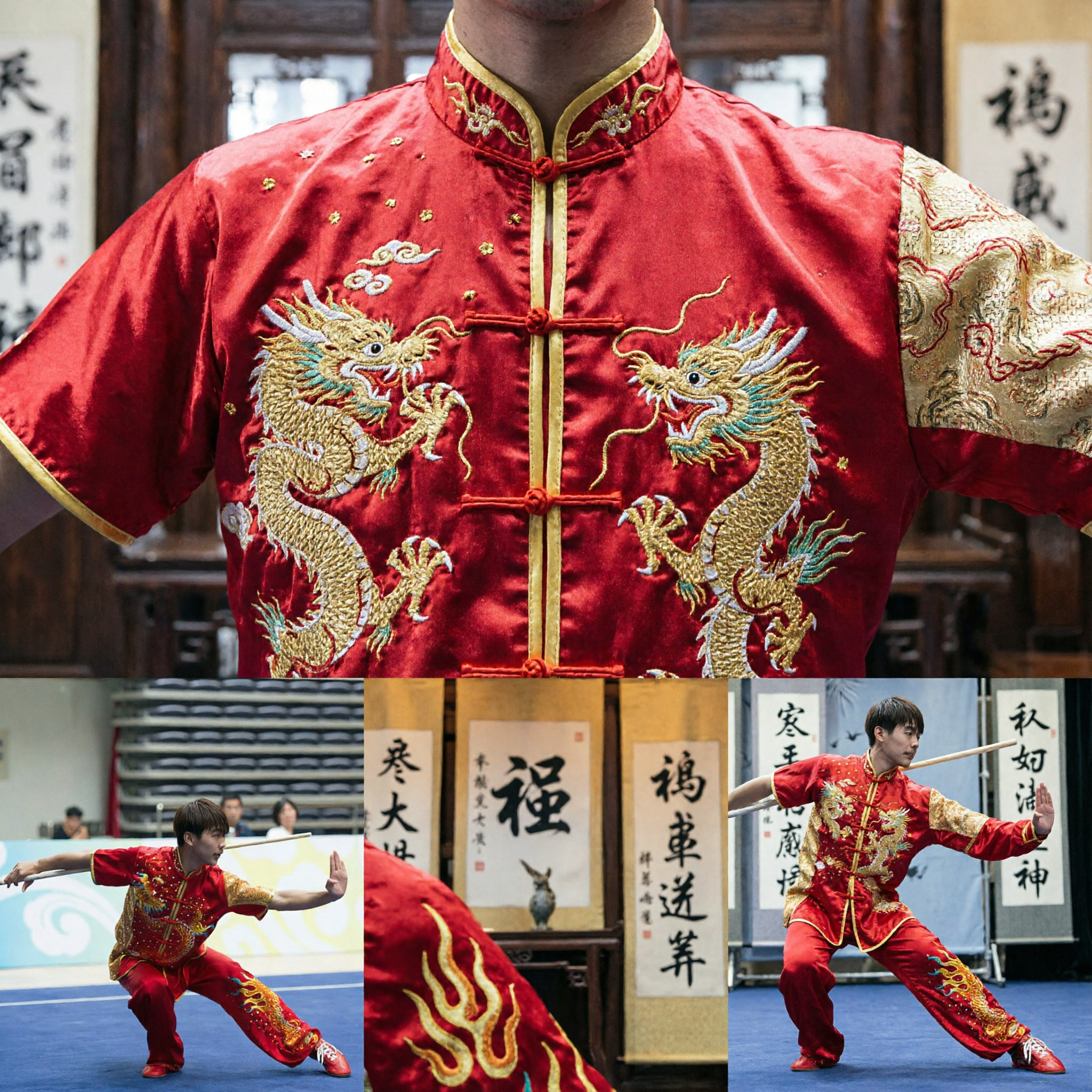Men's Red Traditional Wushu Kung Fu Uniform with Dragon Embroidery Martial Arts Costume for Competition Performance - Asian Costume
