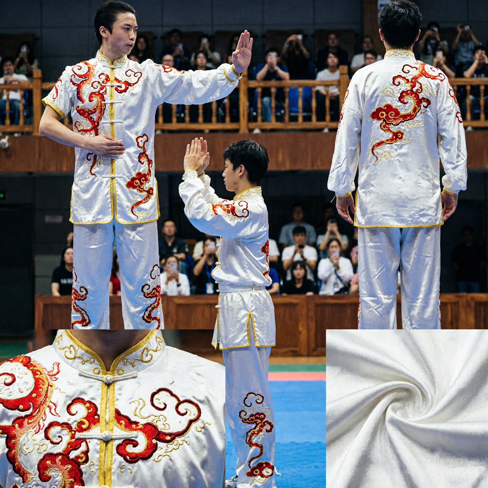 Men's White Dragon Embroidery Kung Fu Uniform Wushu Competition Costume Martial Arts Tai Chi Suit for Performance - Asian Costume