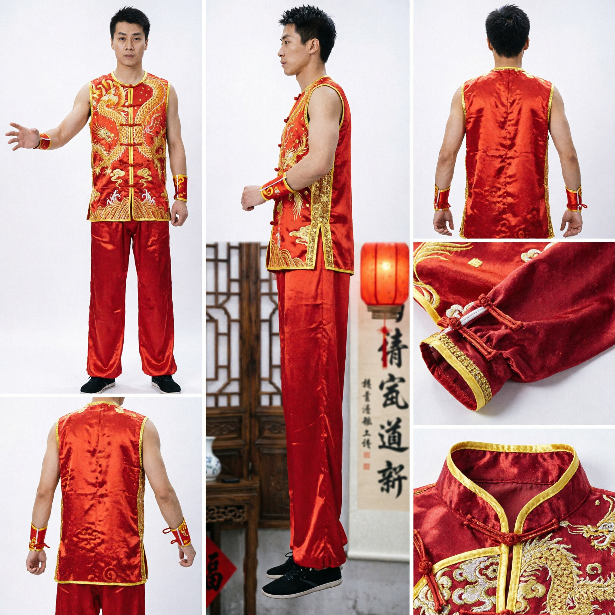 Men's Red Dragon Embroidery Kung Fu Uniform Traditional Wushu Competition Performance Chinese Martial Arts Costume - Asian Costume