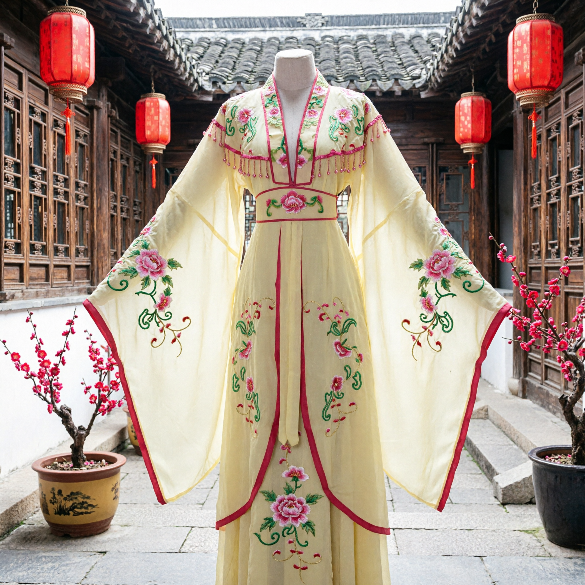 Traditional Chinese Yellow Hanfu Robe with Pink Floral Embroidery for Women Stage Performance - Asian Costume