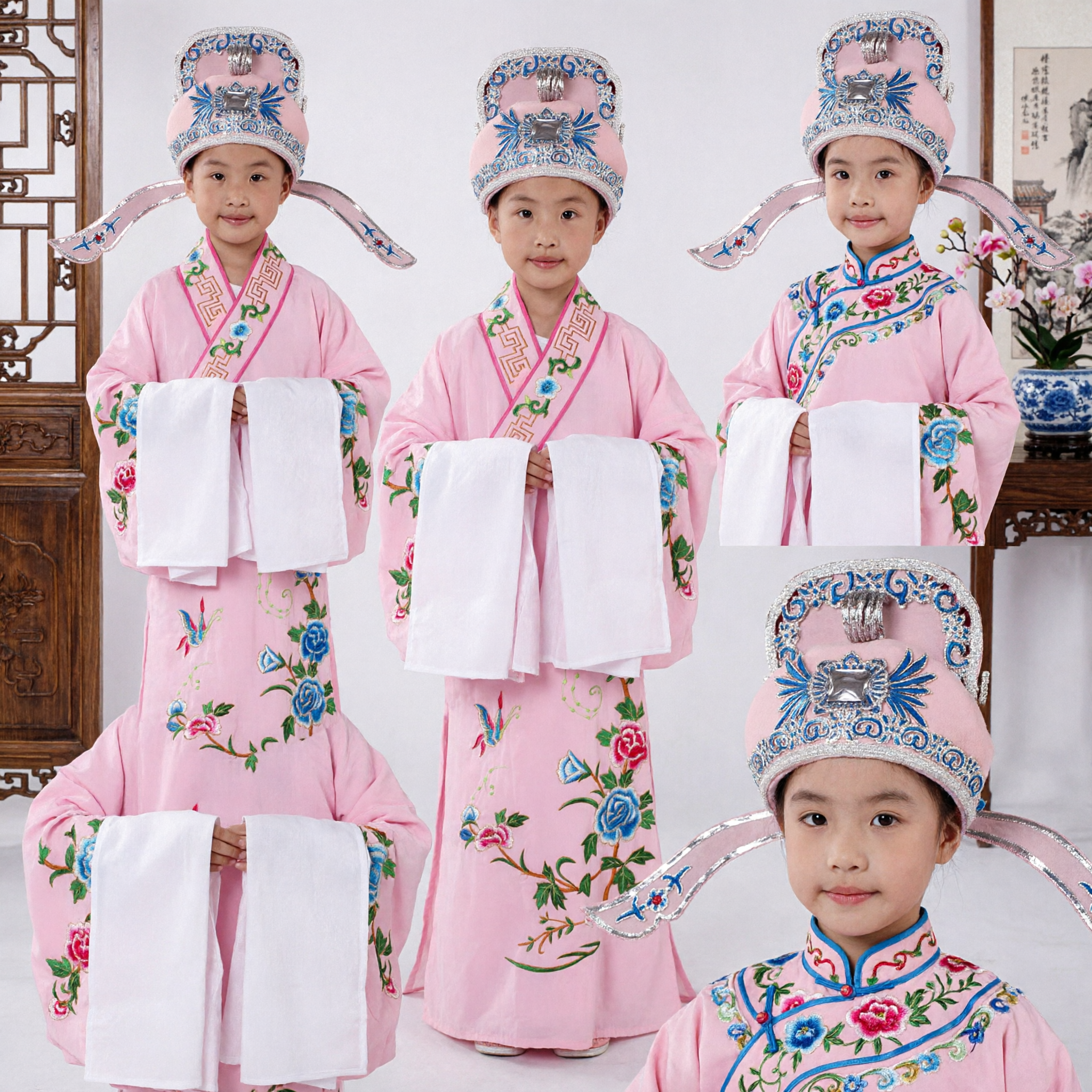 Kids Chinese Opera Scholar Costume Pink Embroidered Robe with Hat Traditional Performance Outfit for Boys - Asian Costume