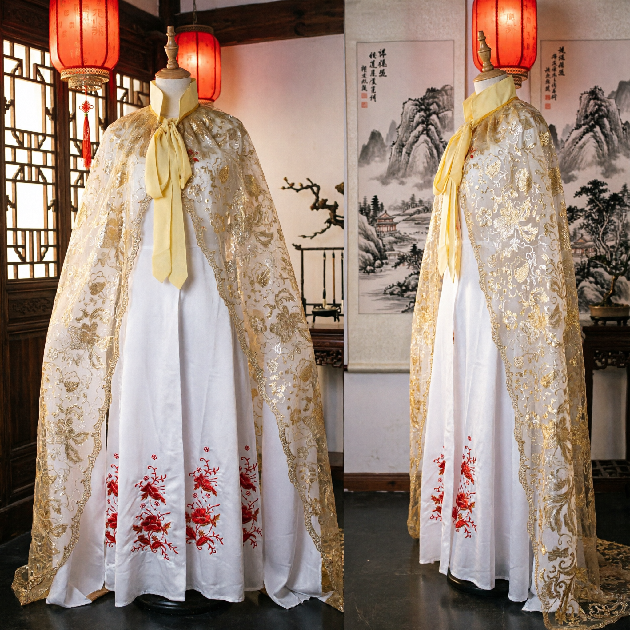 Traditional Chinese Hanfu Cape Cloak Gold Embroidery Sheer Shawl Ancient Costume for Women Cosplay Performance - Asian Costume