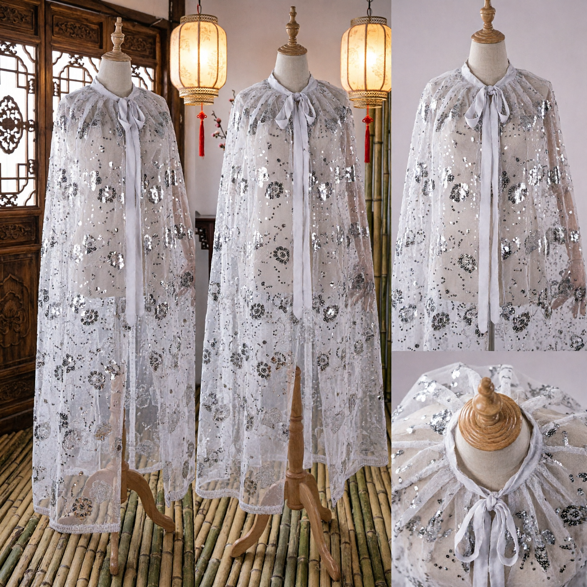 White Floral Sequin Cape Cloak Traditional Chinese Hanfu Wedding Bridal Shawl for Women Costume Accessory - Asian Costume