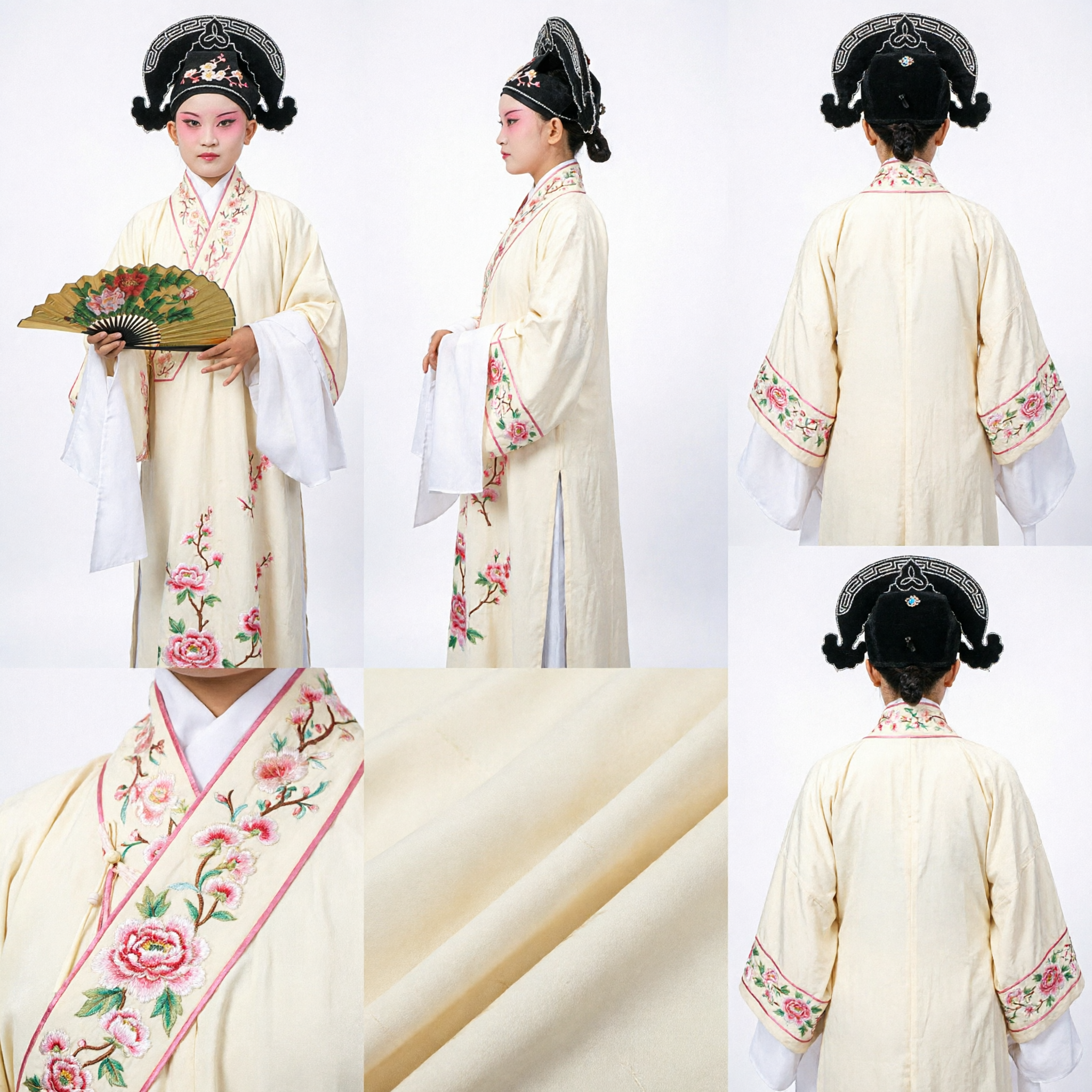Traditional Chinese Peking Opera Costume Ancient Scholar Yellow Embroidered Robe Headdress Fan Set for Stage Performance - Asian Costume
