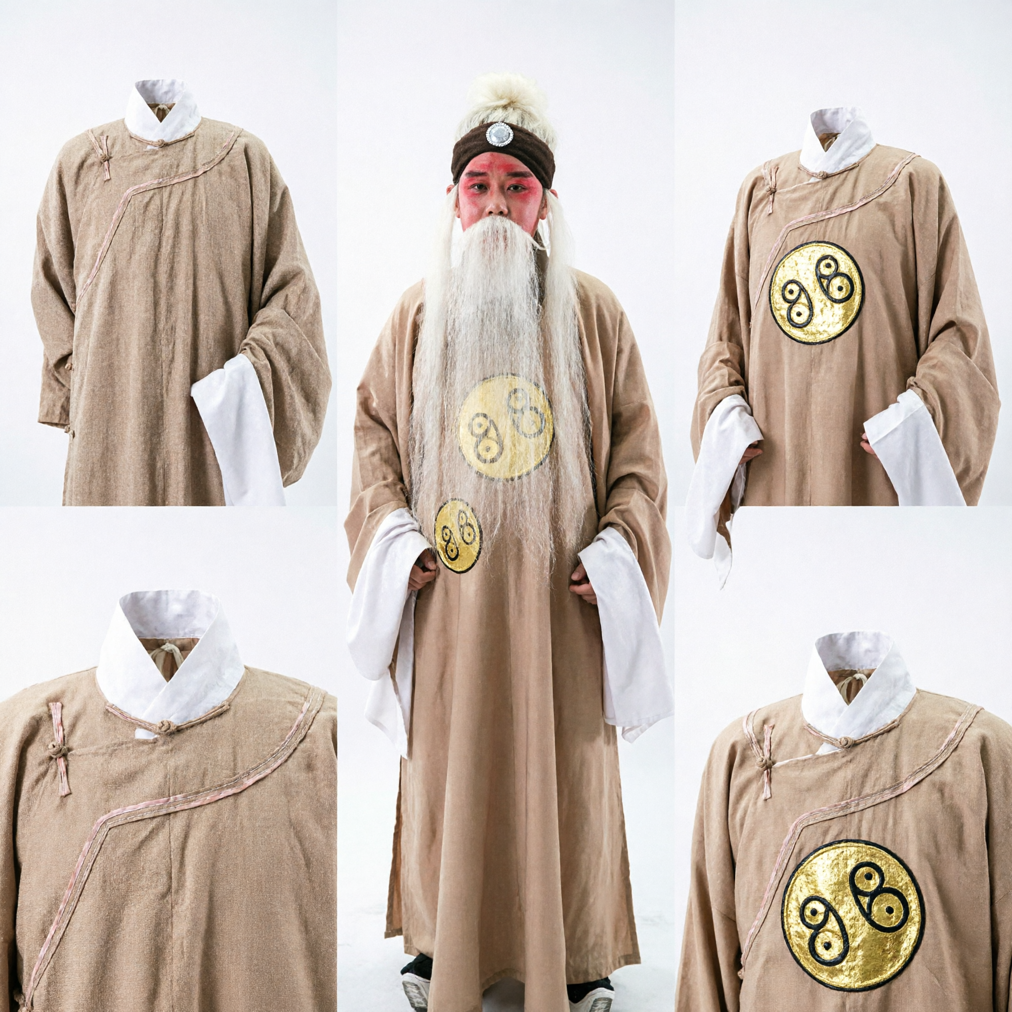 Traditional Chinese Peking Opera Costume Ancient Taoist Priest Robe with White Beard and Headpiece for Men - Asian Costume