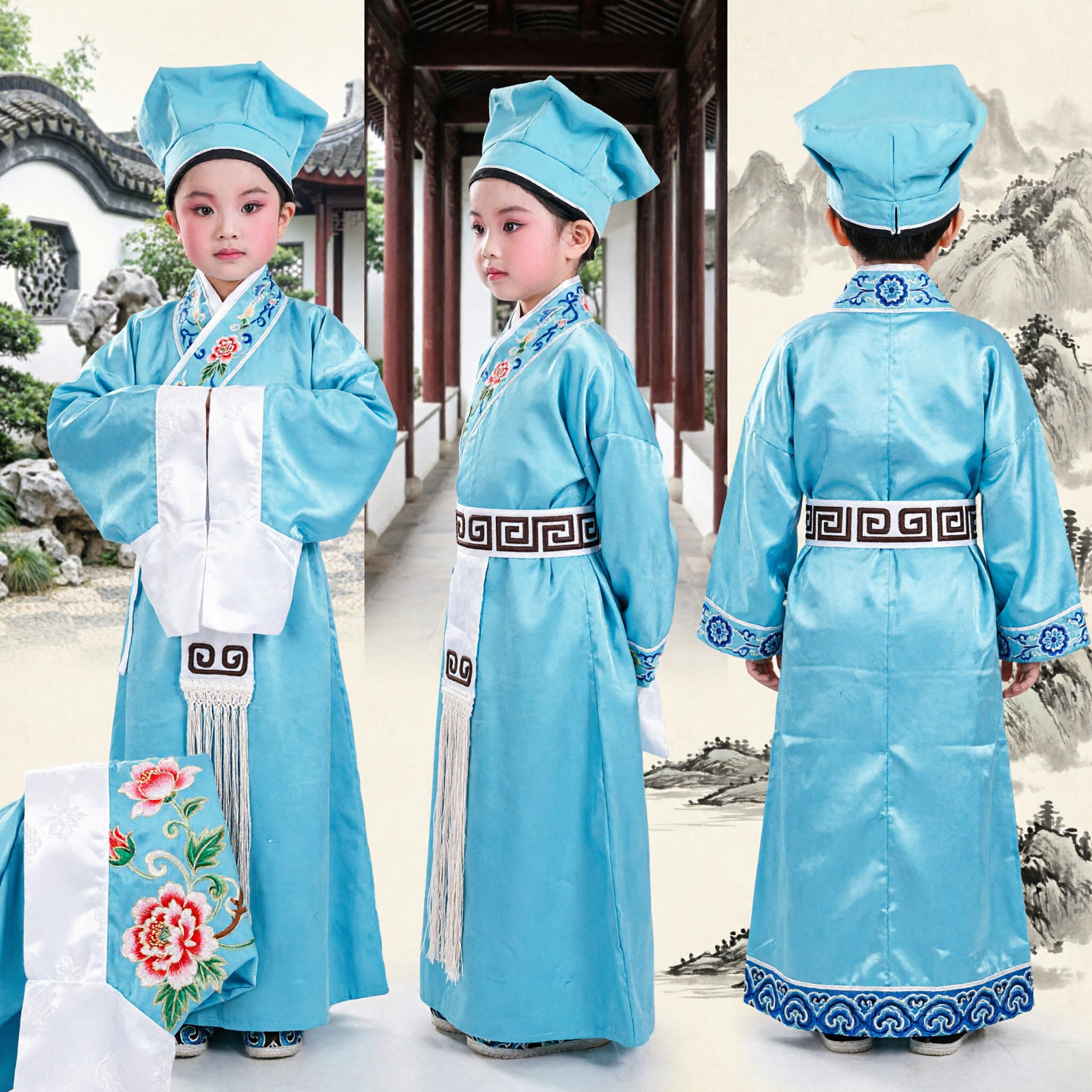 Traditional Chinese Opera Costume Kids Blue Scholar Robe Liang Shanbo Stage Performance Outfit - Asian Costume