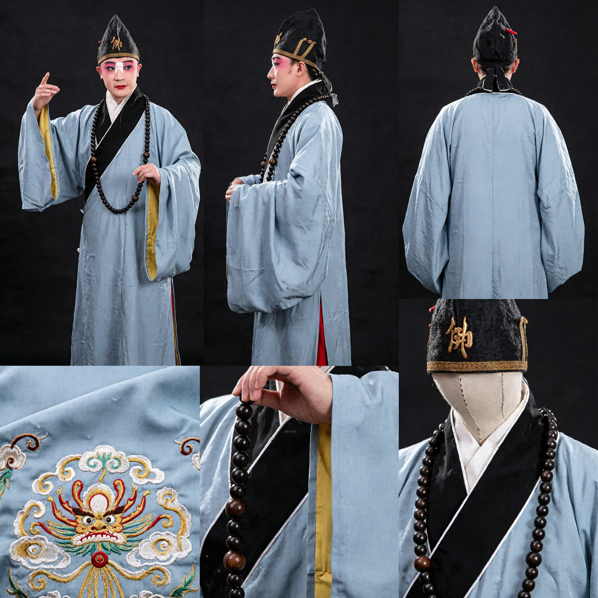 Traditional Chinese Opera Monk Costume Complete Set Blue Robe Black Hat Beads Stage Performance Outfit - Asian Costume