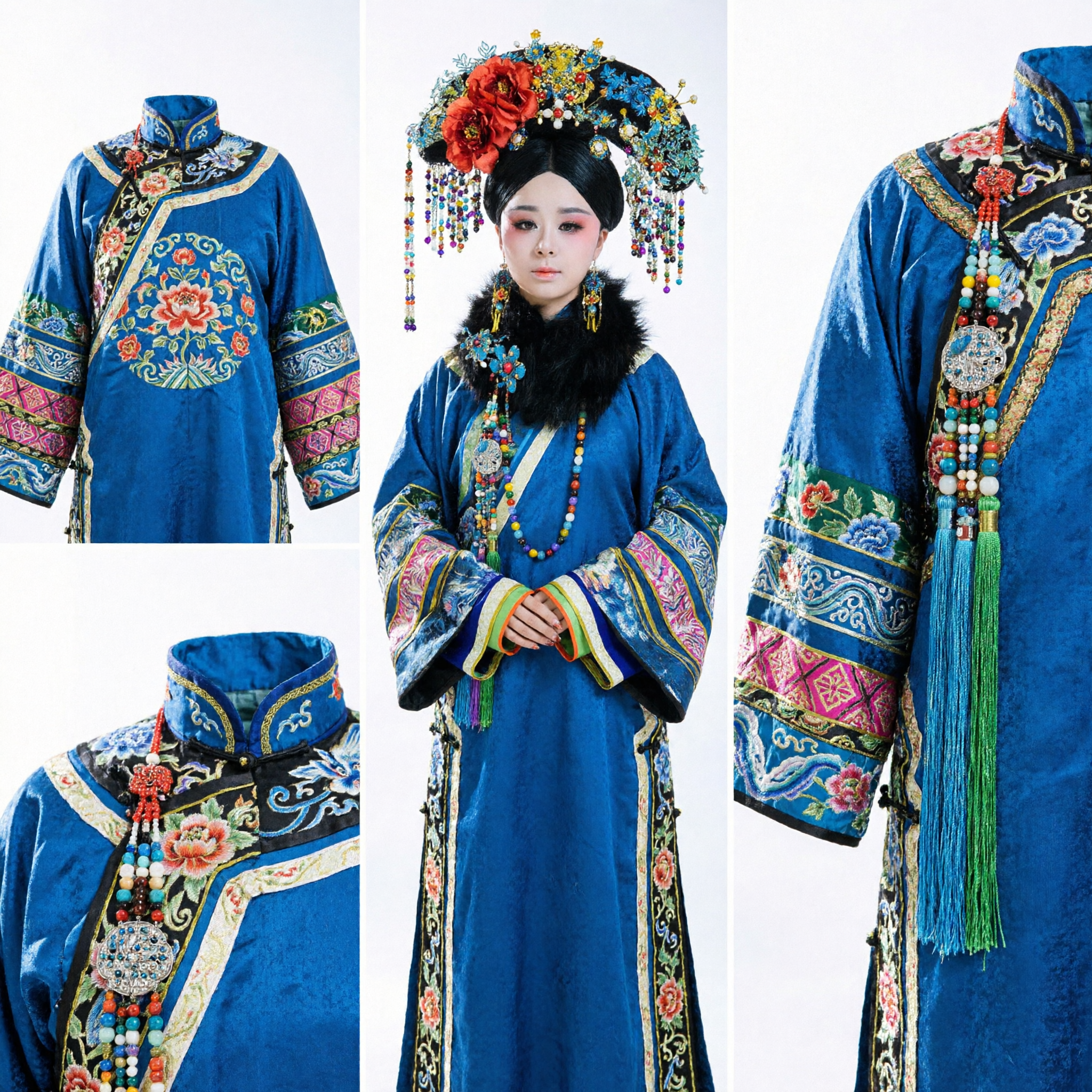 Traditional Chinese Qing Dynasty Imperial Concubine Blue Embroidered Robe and Headdress Complete Set for Women - Asian Costume