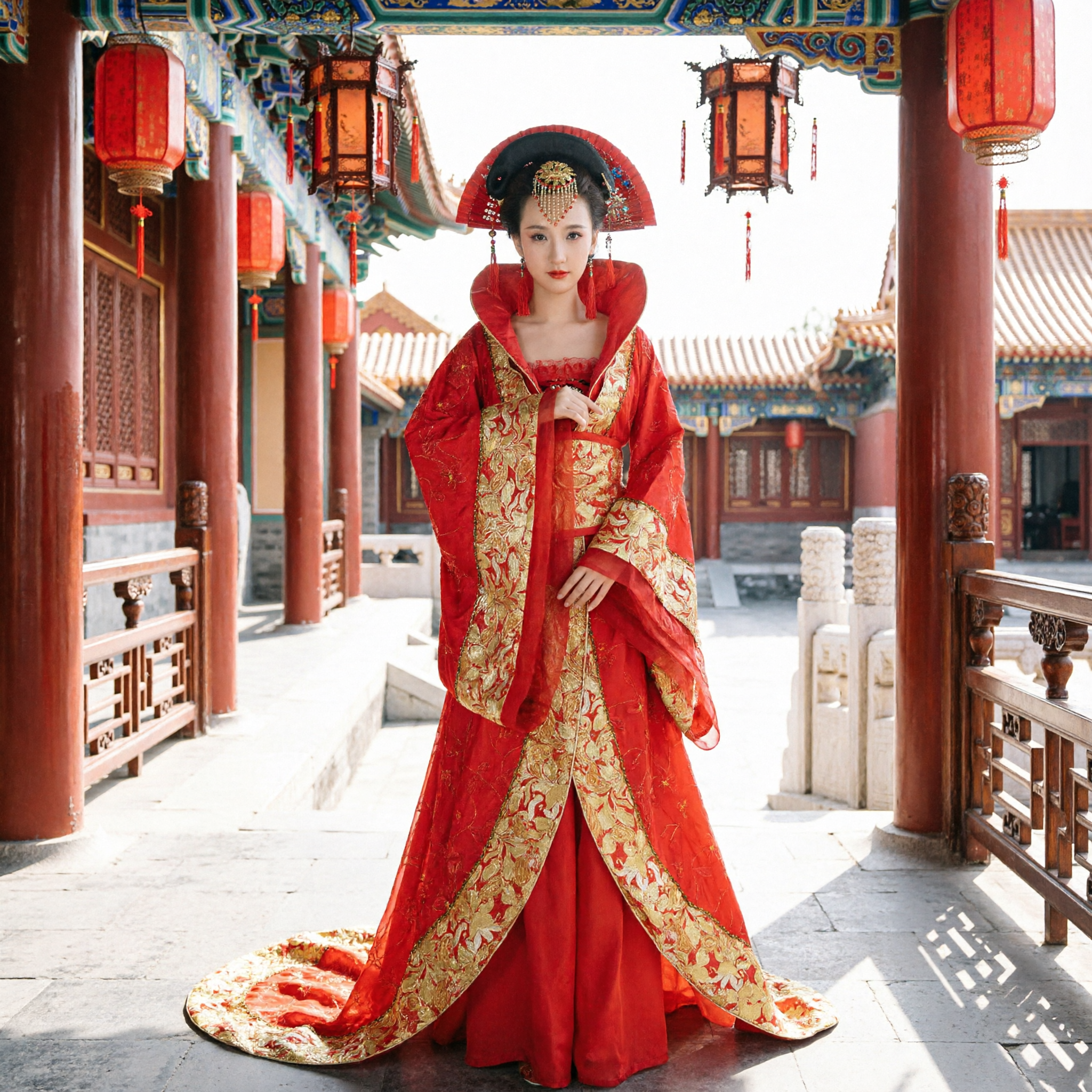 Ancient Chinese Red Empress Hanfu Costume Traditional Gold Embroidered Dress for Women Stage Performance - Asian Costume