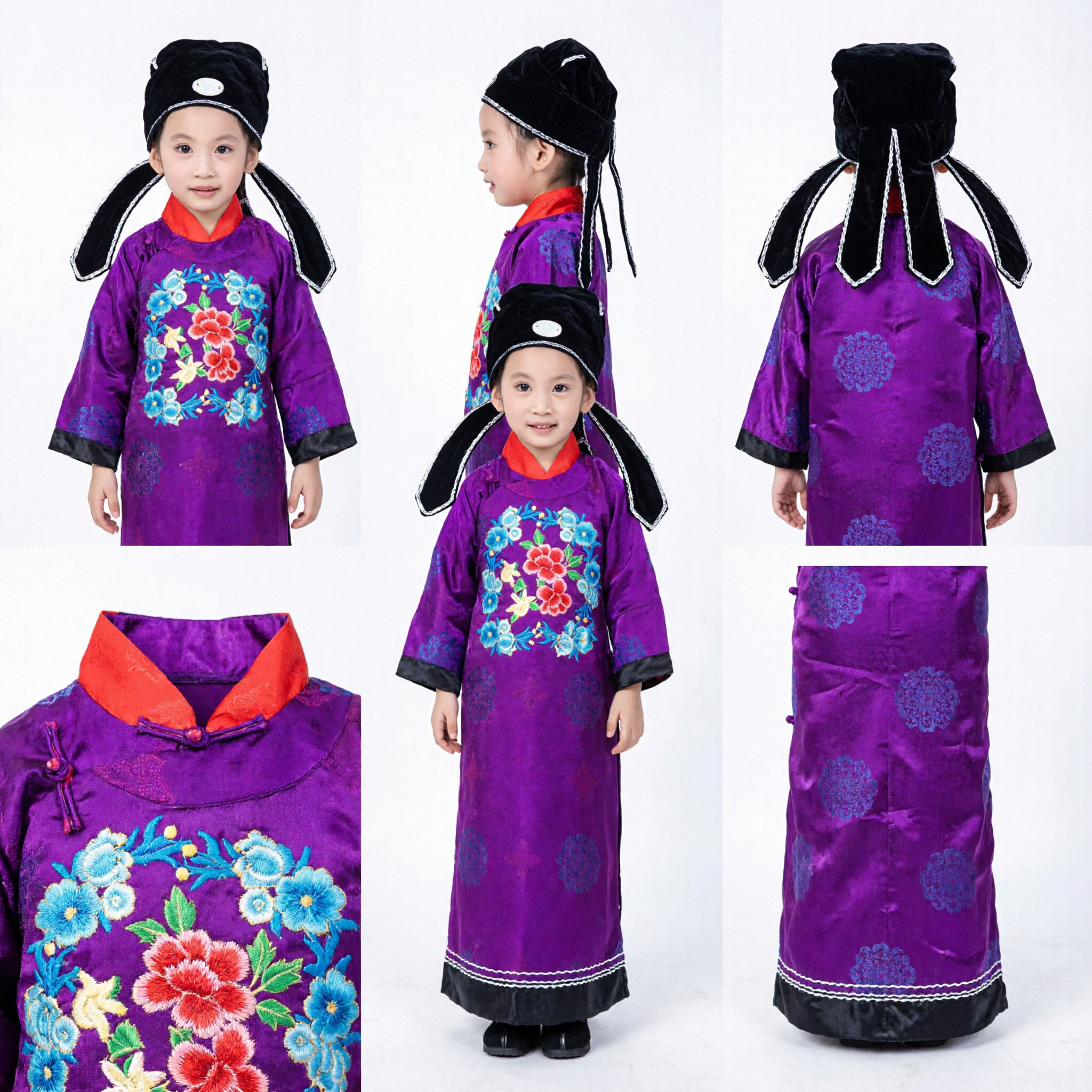 Traditional Chinese Peking Opera Costume for Kids Purple Floral Scholar Robe and Hat Set for Boys - Asian Costume