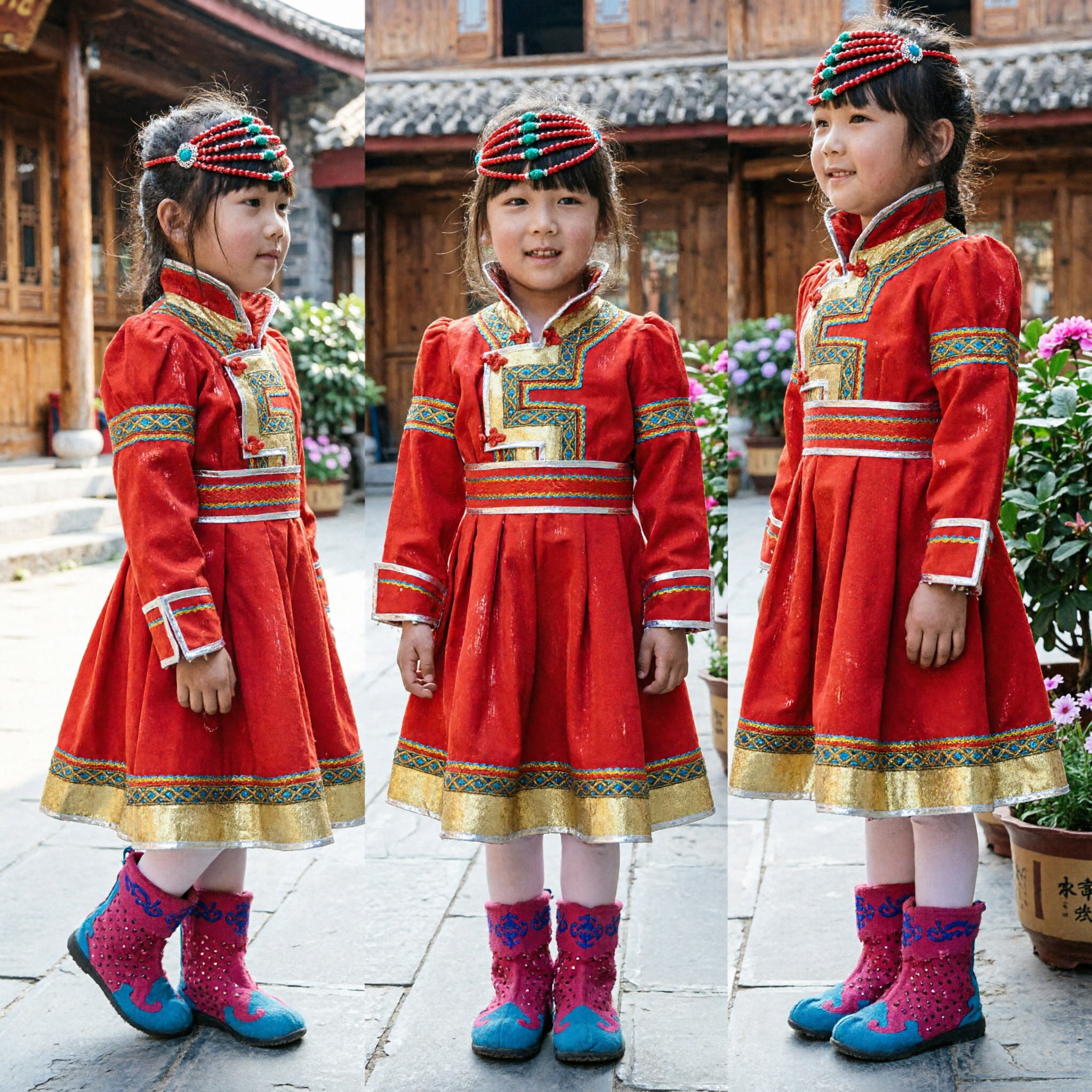 Traditional Mongolian Red Dress for Girls Kids Ethnic Folk Dance Performance Costume Set with Boots - Asian Costume