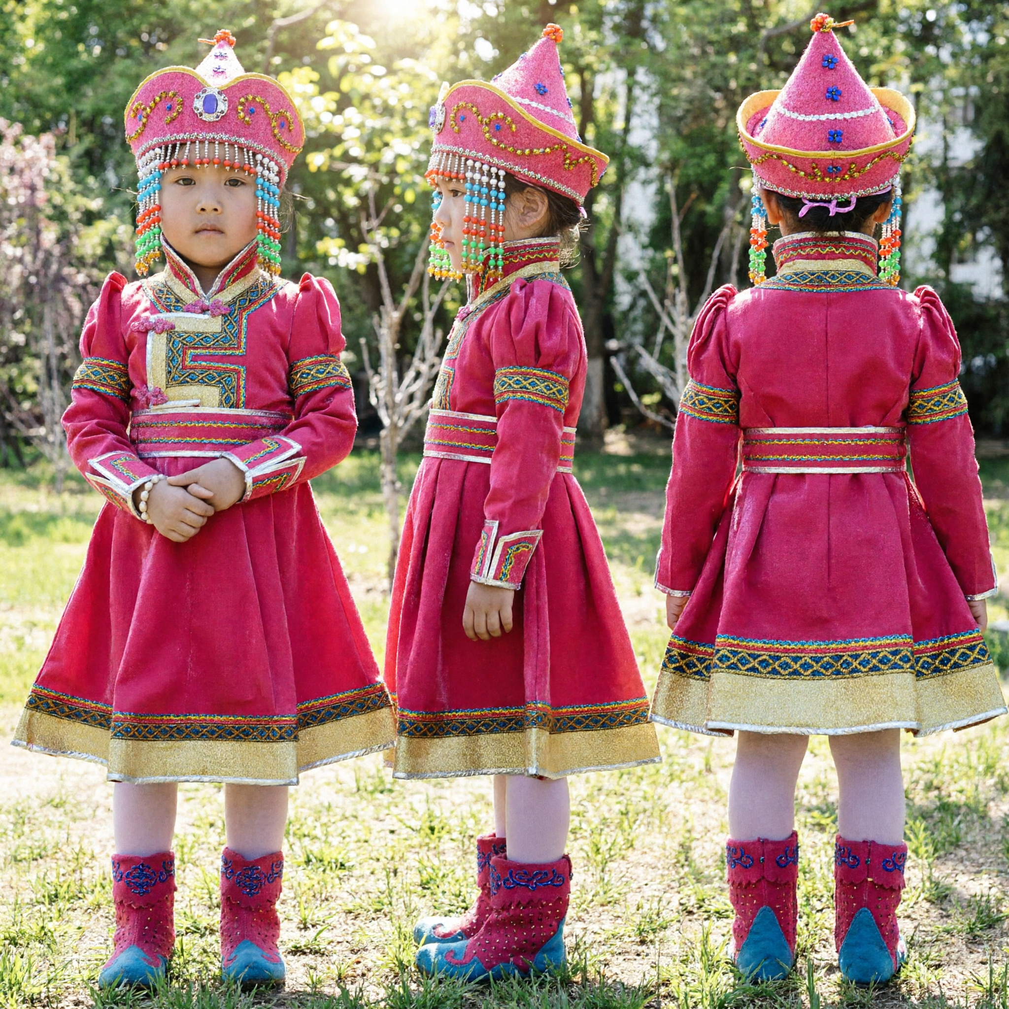 Traditional Mongolian Nationality Folk Dance Costume for Kids Girls Pink Robe Hat Boots Stage Performance Outfit - Asian Costume