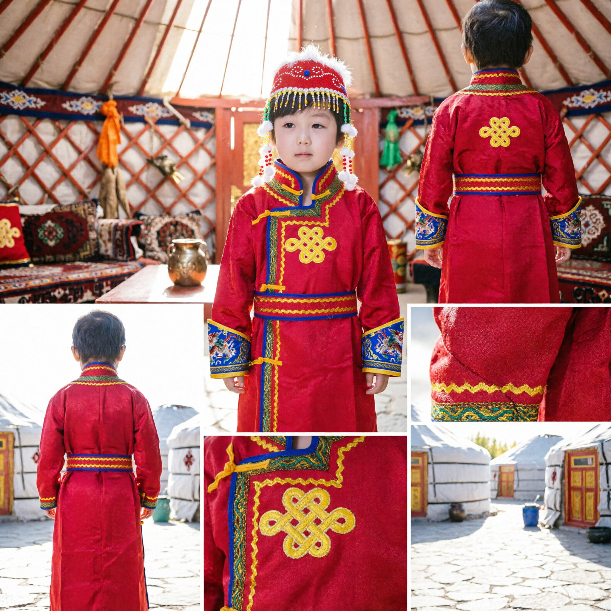Kids Traditional Chinese Mongolian Ethnic Costume Red Robe and Hat Set for Festival Dance Performance - Asian Costume