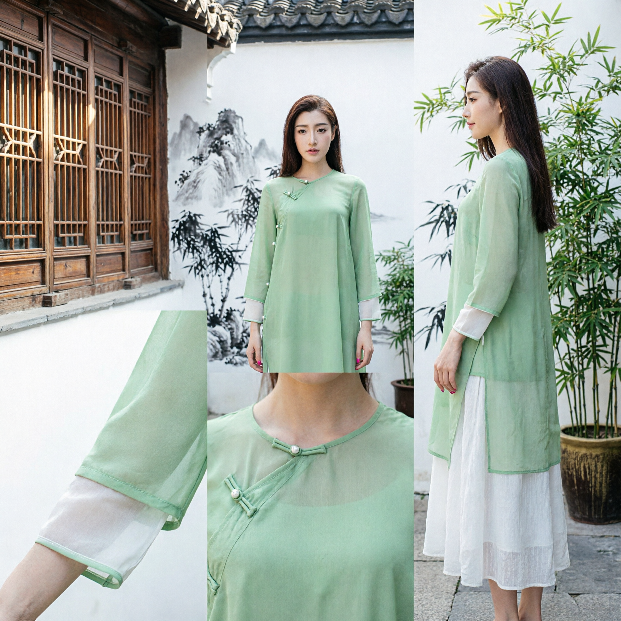 Light Green Modern Chinese Zen Dress Women Long Sleeve Loose Fit Traditional Tang Suit Style for Daily Wear - Asian Costume