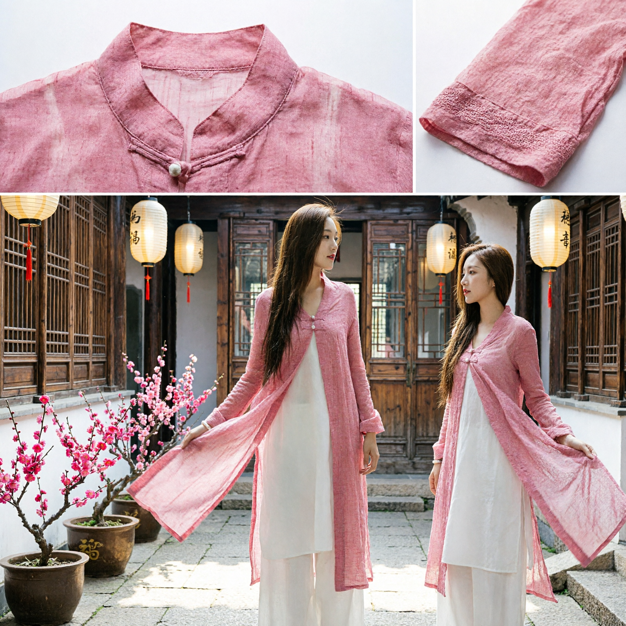 Women's Pink Linen Traditional Chinese Tang Suit Cardigan Coat Zen Style Tea Ceremony Outerwear - Asian Costume