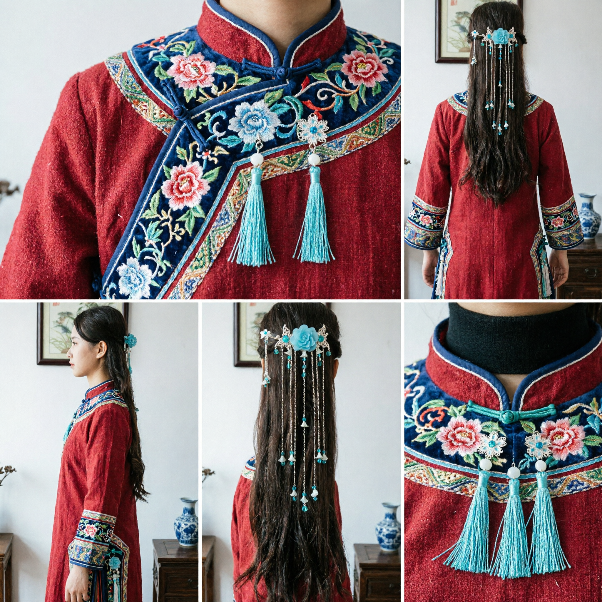 Traditional Chinese Hanfu Hairpin Blue Flower Butterfly Hair Stick with Tassels Ancient Style Bridal Headwear for Women - Asian Costume