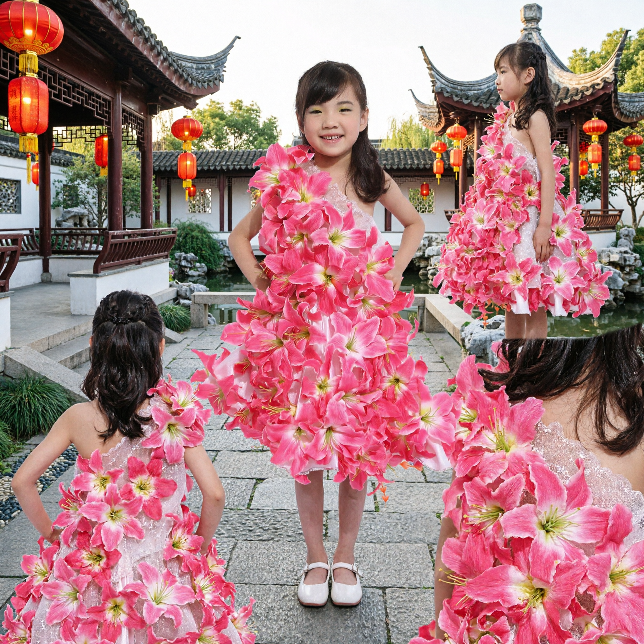 Kids Girls Pink Flower Costume Dress for Stage Performance Dance Show Festival Traditional Chinese Wear - Asian Costume