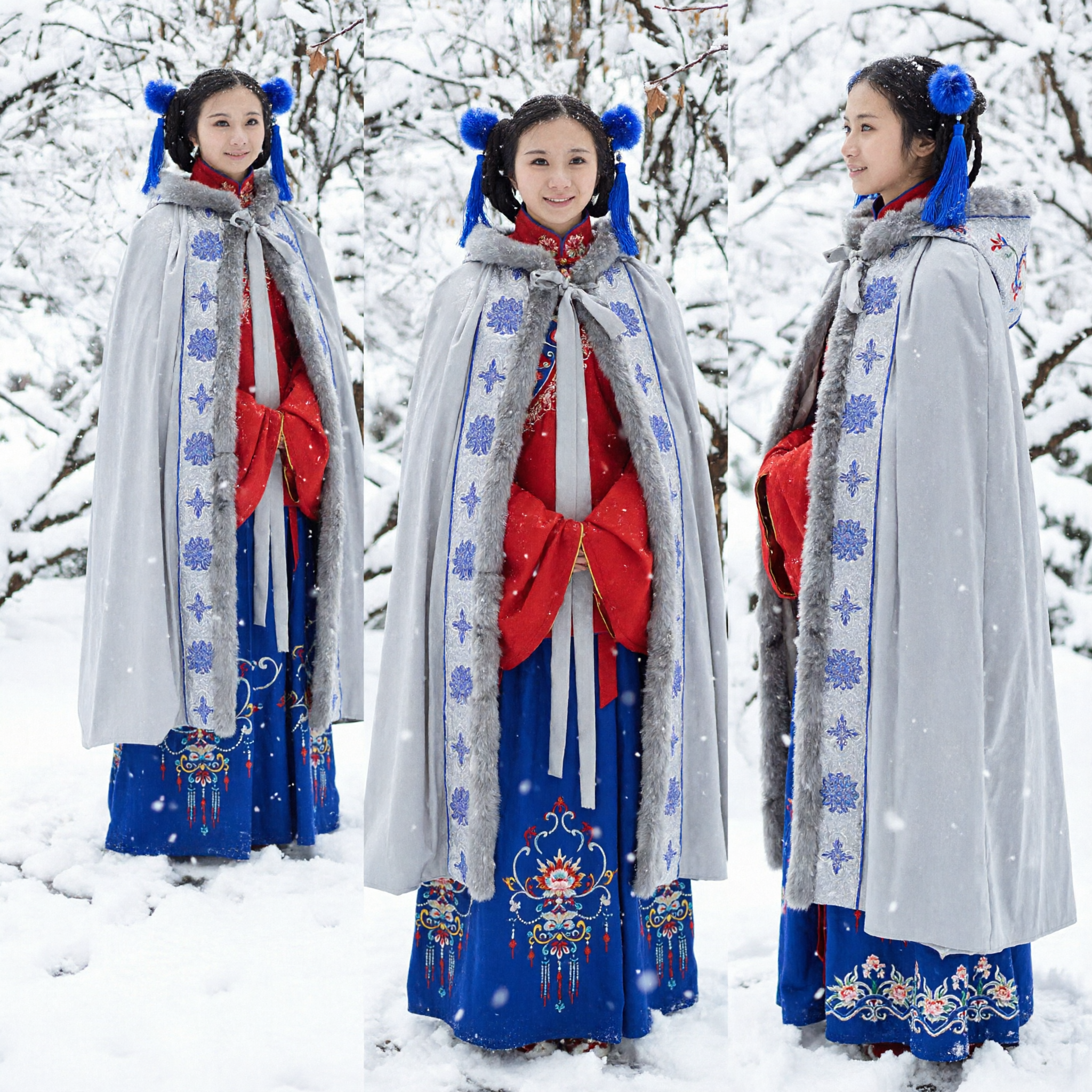 Women's Winter Hanfu Cloak with Fur Trim and Blue Embroidery Traditional Chinese Cape for Photography - Asian Costume