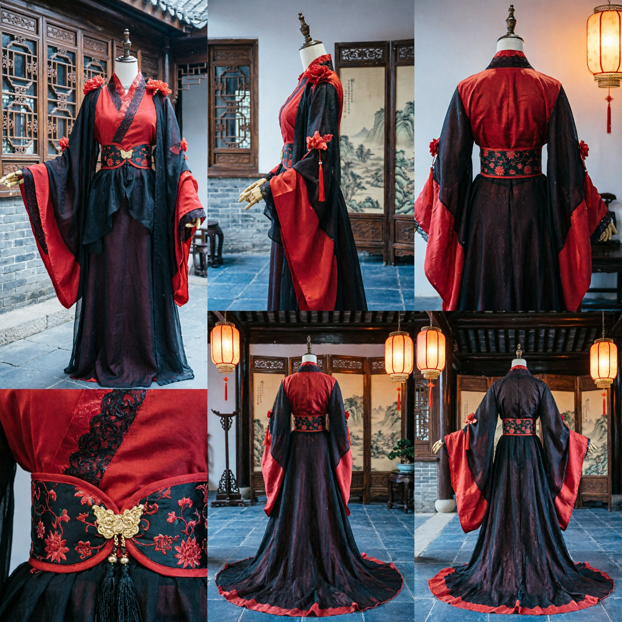 Ancient Chinese Wuxia Heroine Hanfu Costume Red and Black Embroidered Traditional Dress for Women Cosplay Performance - Asian Costume