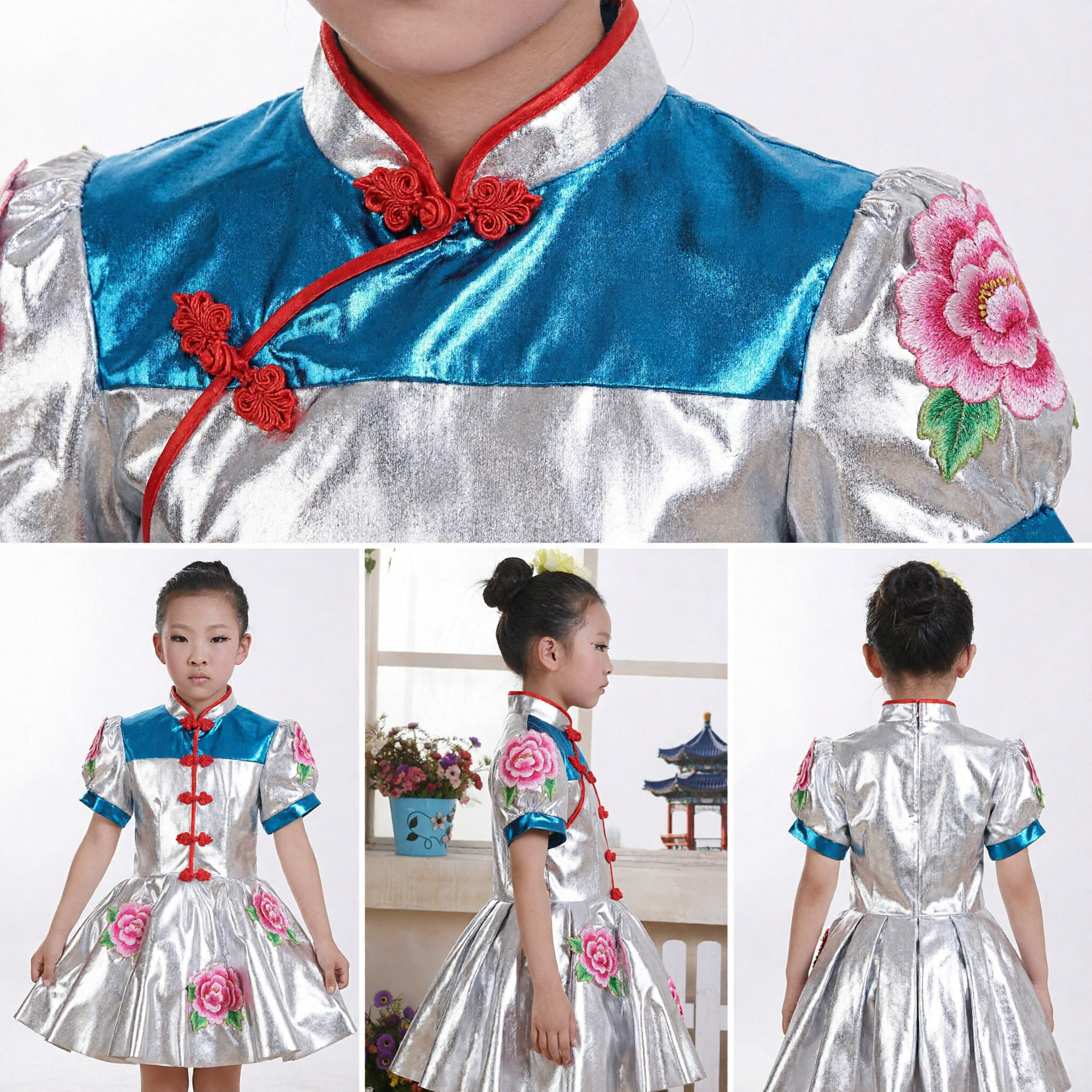 Girls Silver Chinese Traditional Cheongsam Dress Kids Stage Performance Dance Costume with Floral Embroidery - Asian Costume