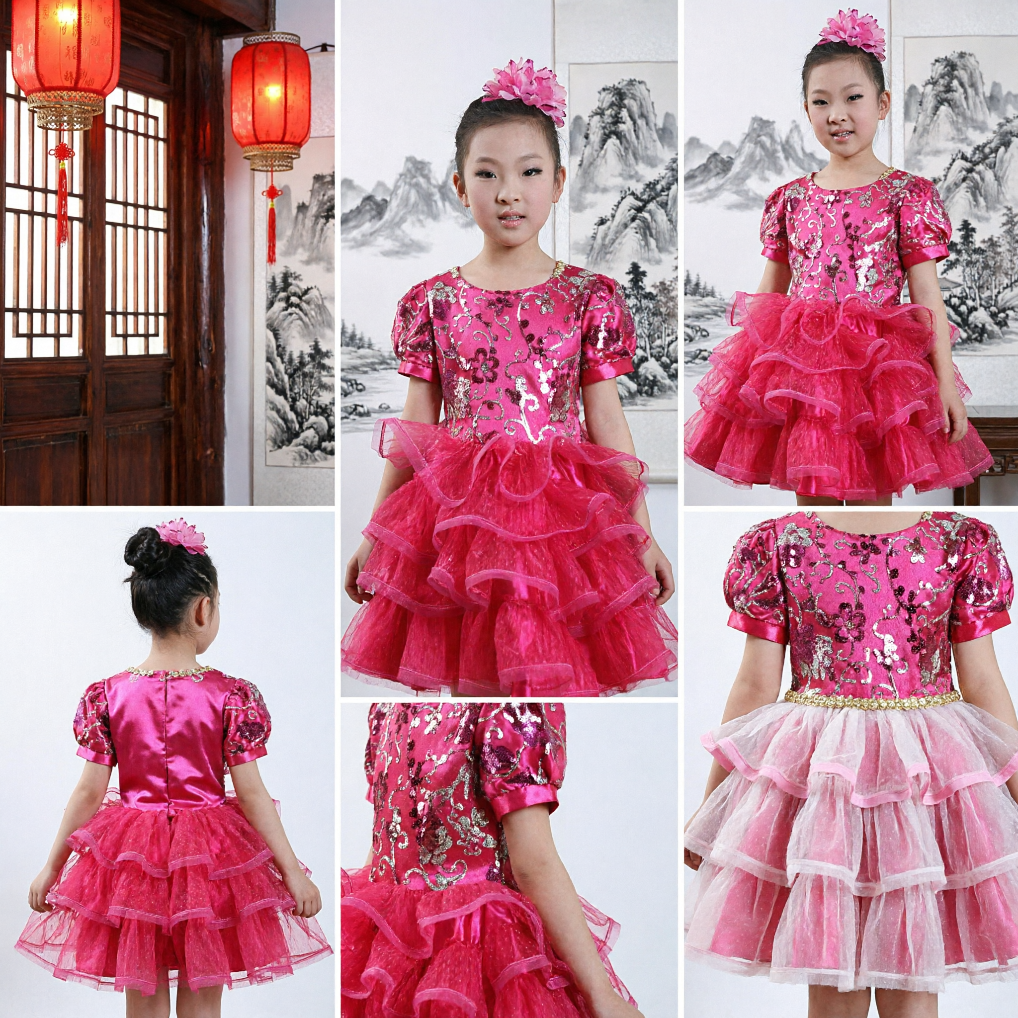 Girls Hot Pink Sequin Puff Sleeve Tutu Dress for Dance Performance Birthday Party Costume - Asian Costume
