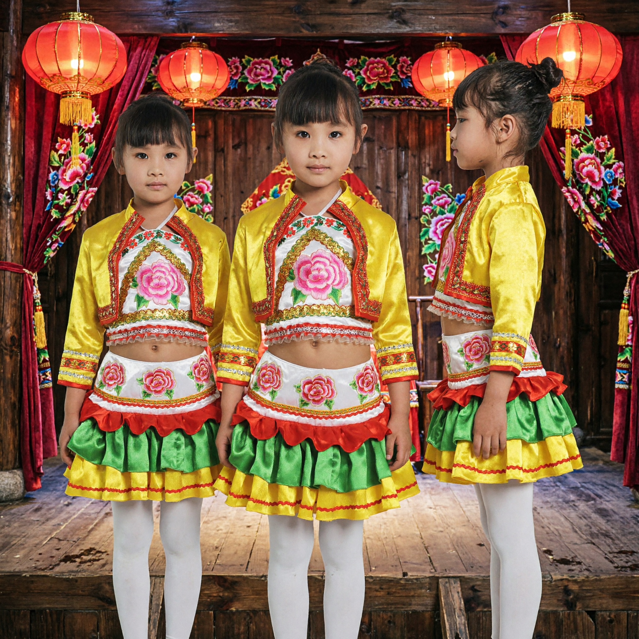 Kids Chinese Folk Dance Costume Girls Traditional Yangge Performance Outfit Yellow Green Skirt Set - Asian Costume