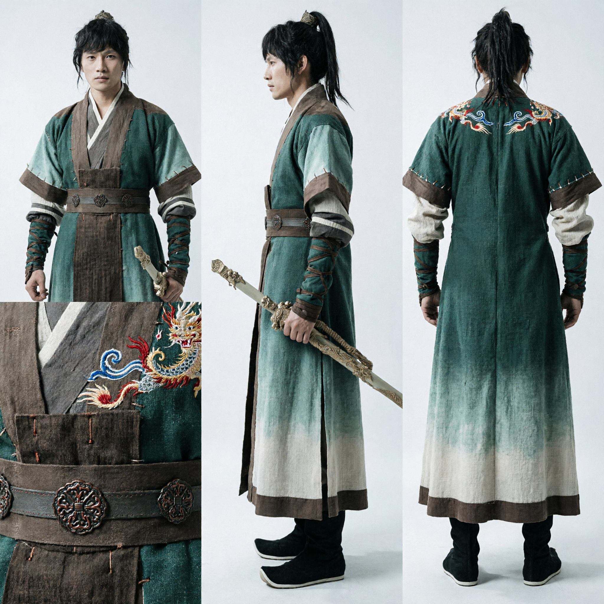 Men's Ancient Chinese Wuxia Swordsman Costume Green Hanfu Robe Set for Cosplay Halloween and Stage Performance - Asian Costume