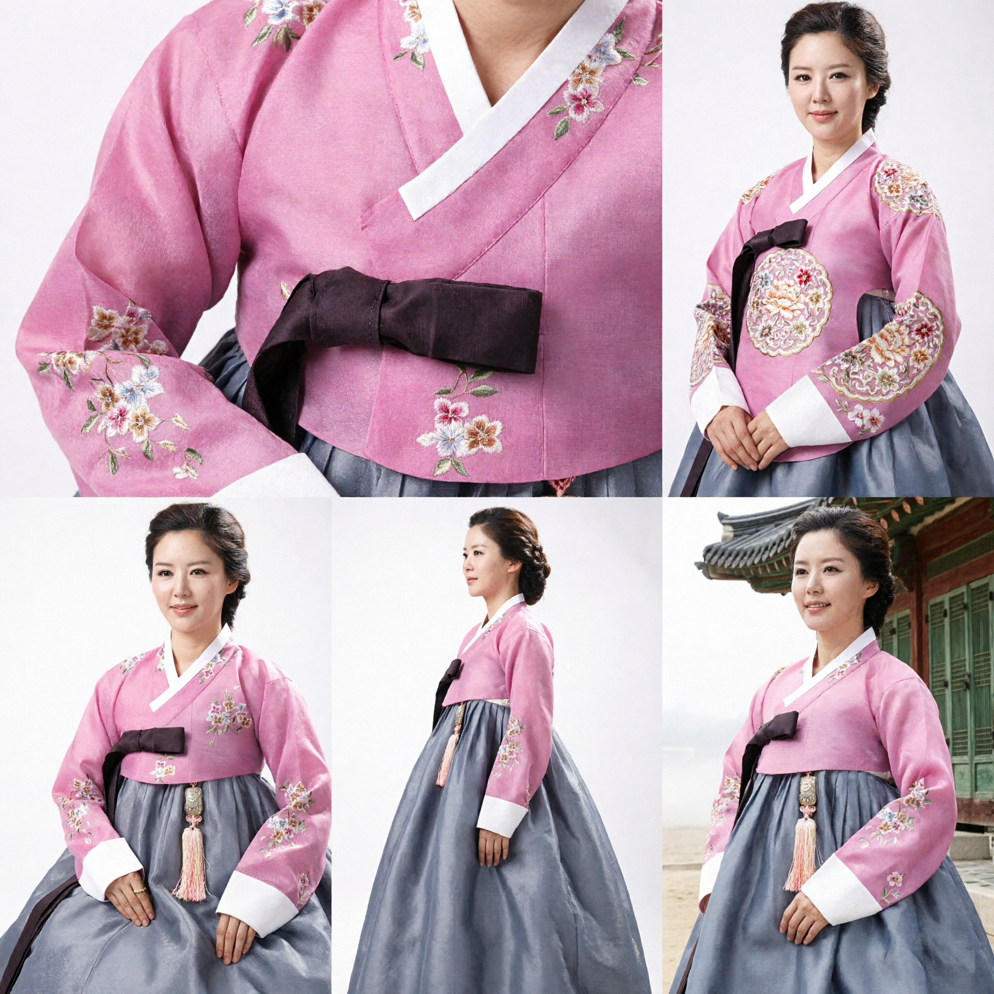 Elegant Pink and Grey Korean Hanbok Traditional Dress with Floral Embroidery for Women Cultural Events - Asian Costume