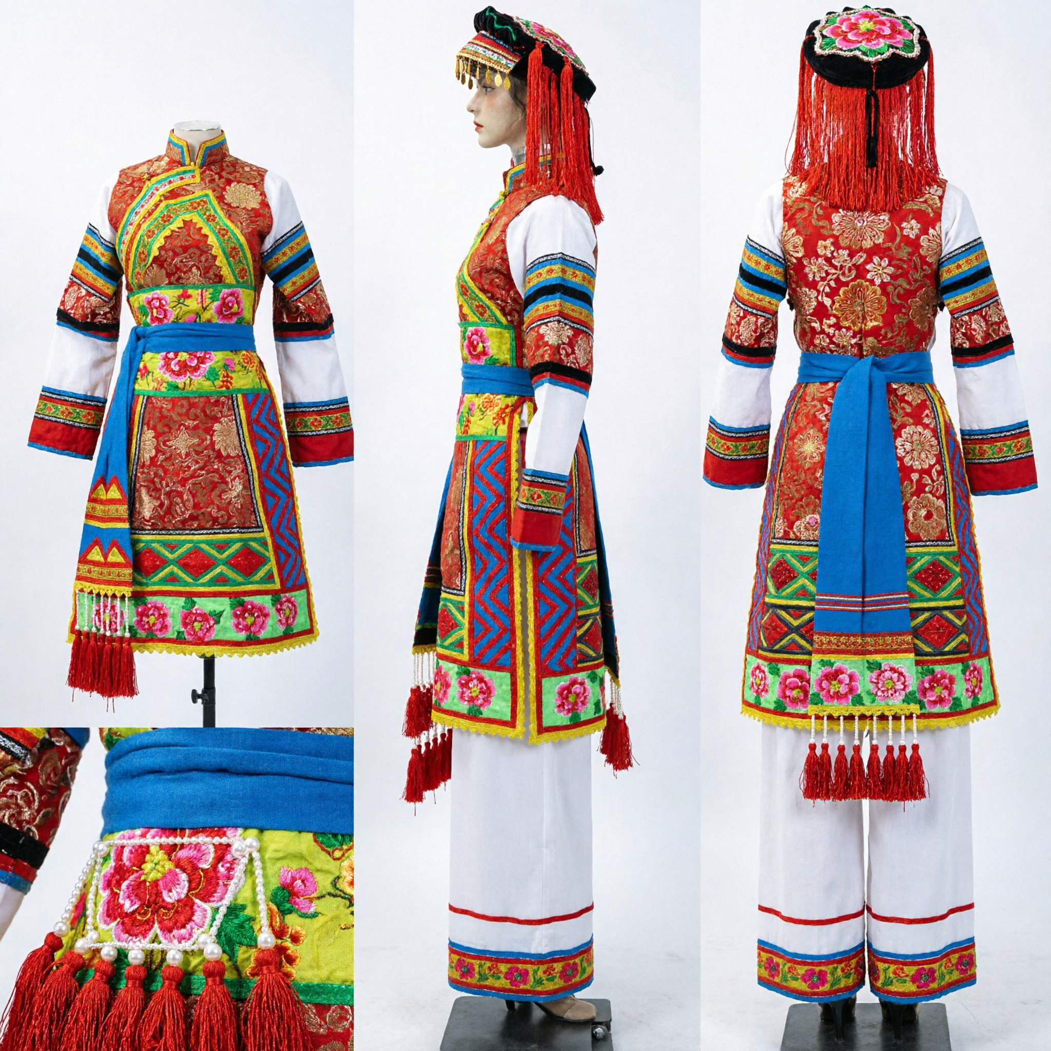 Traditional Chinese Ethnic Minority Folk Dance Costume for Women Colorful Embroidered Stage Performance Outfit - Asian Costume