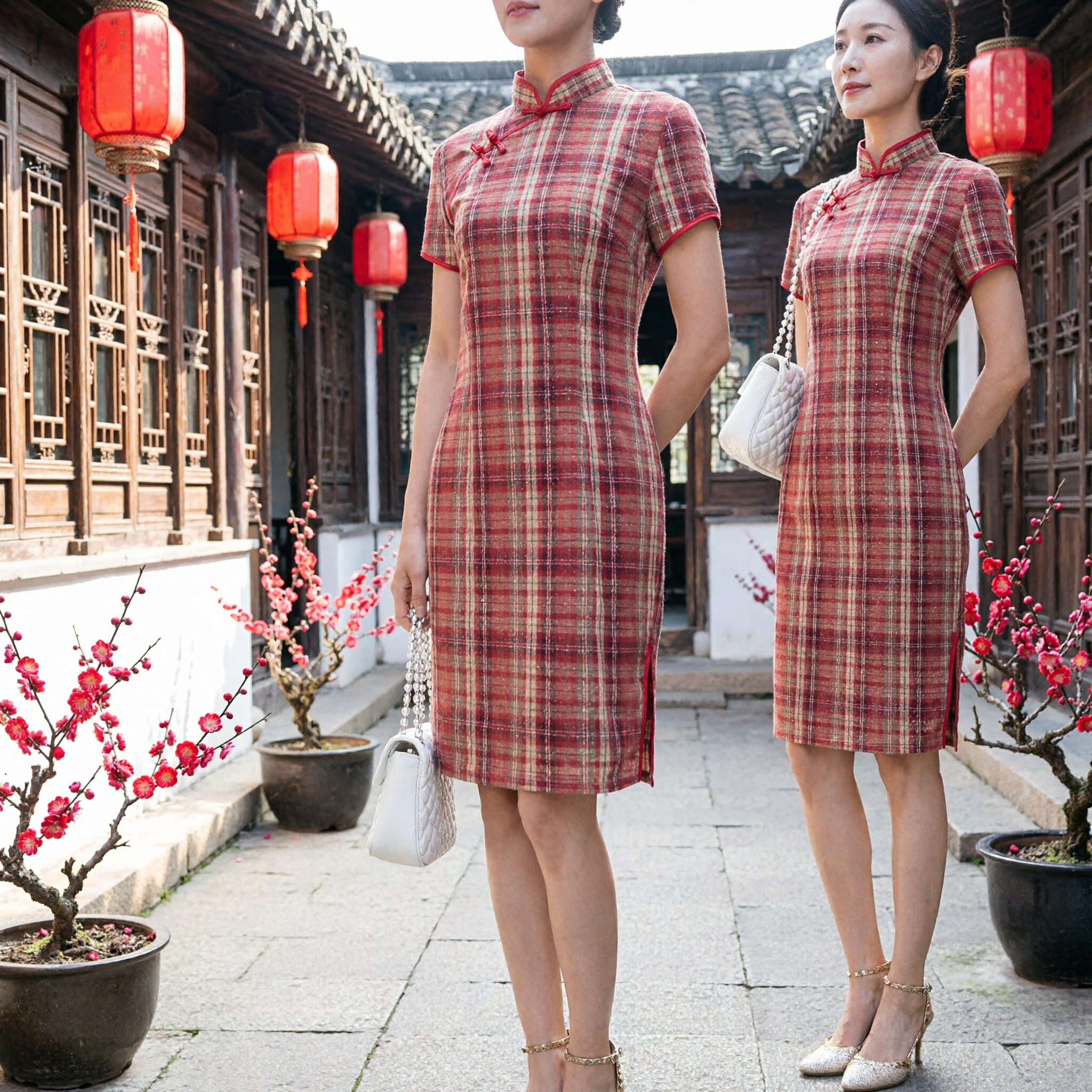 Vintage Red Plaid Cheongsam Dress Women Short Sleeve Slim Fit Traditional Chinese Qipao for Party - Asian Costume
