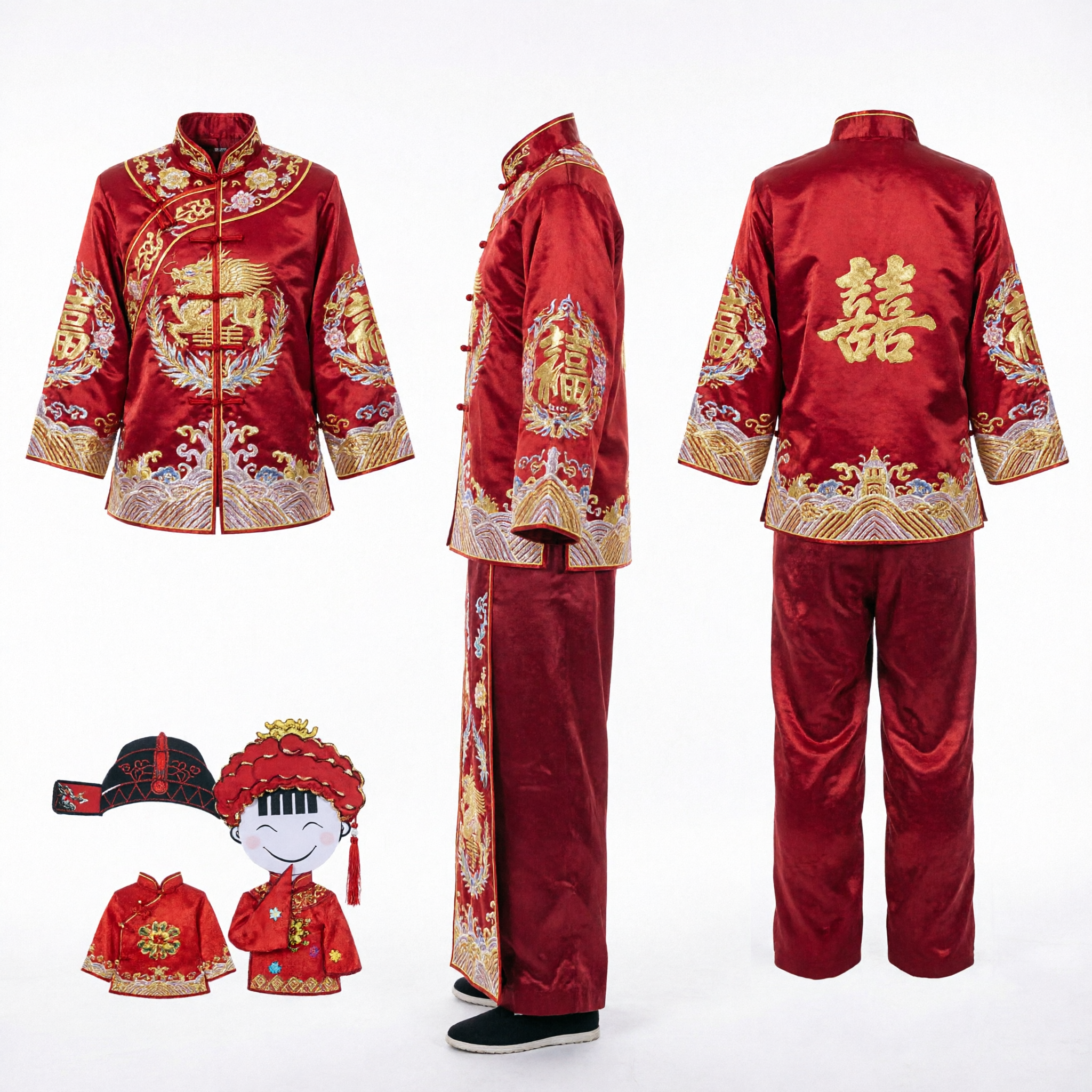 Traditional Red Chinese Wedding Mooncake Gift Box with Cartoon Couple and Double Happiness Symbol - Asian Costume