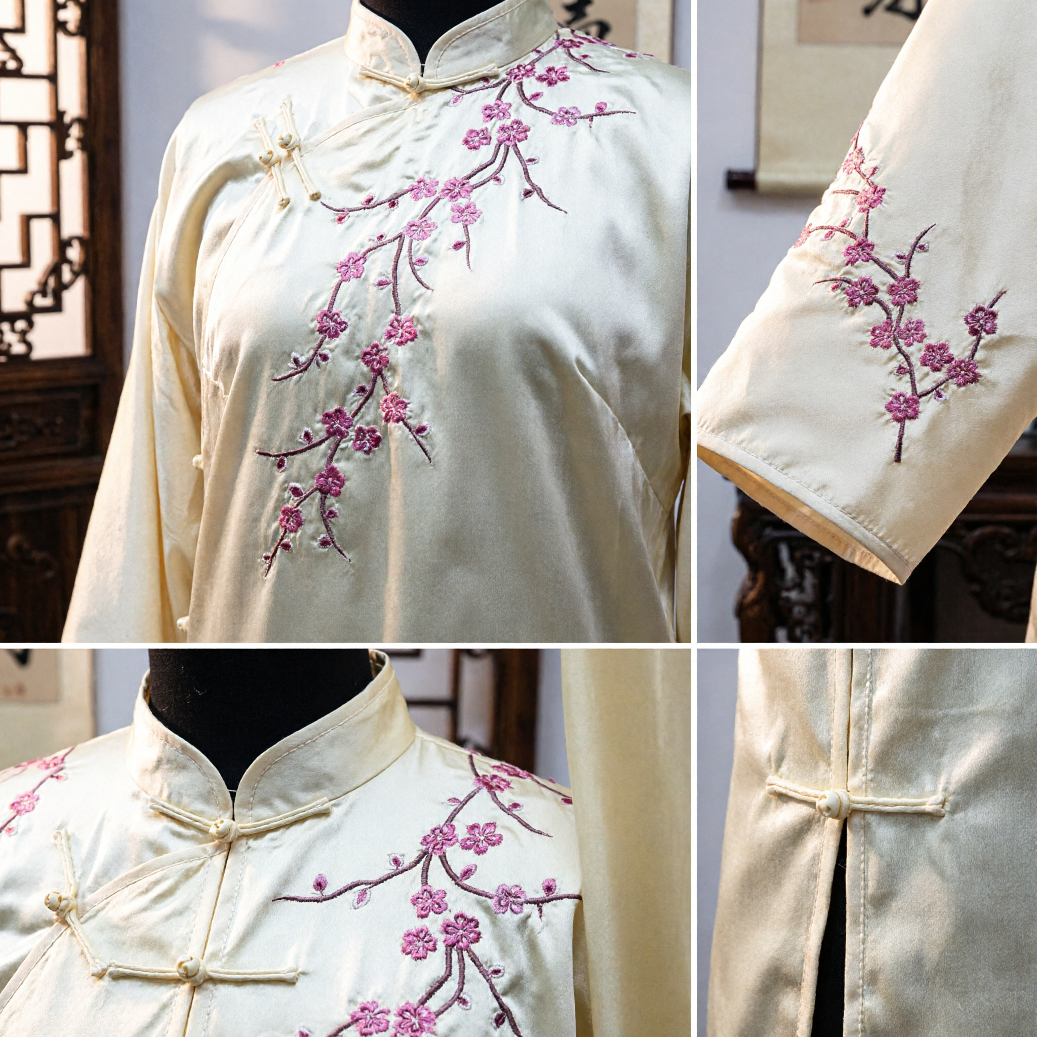 Traditional Yellow Silk Cheongsam with Pink Plum Blossom Embroidery Elegant Chinese Qipao Dress for Women - Asian Costume