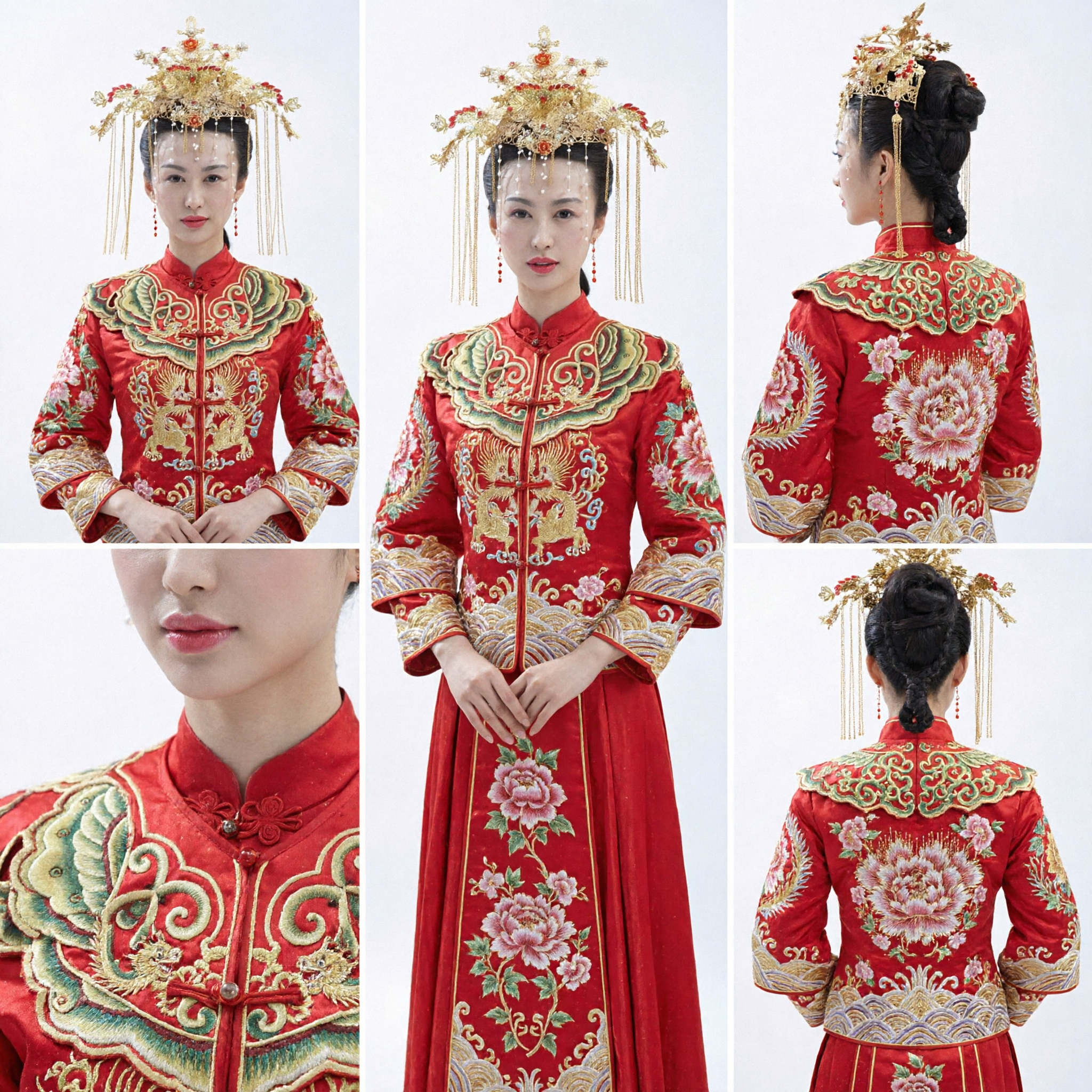 Juego Exquisito de Horquilla Dorada con Corona Fénix para Boda Tradicional China, con Perlas y Acentos Rojos para la Novia - Asian Costume