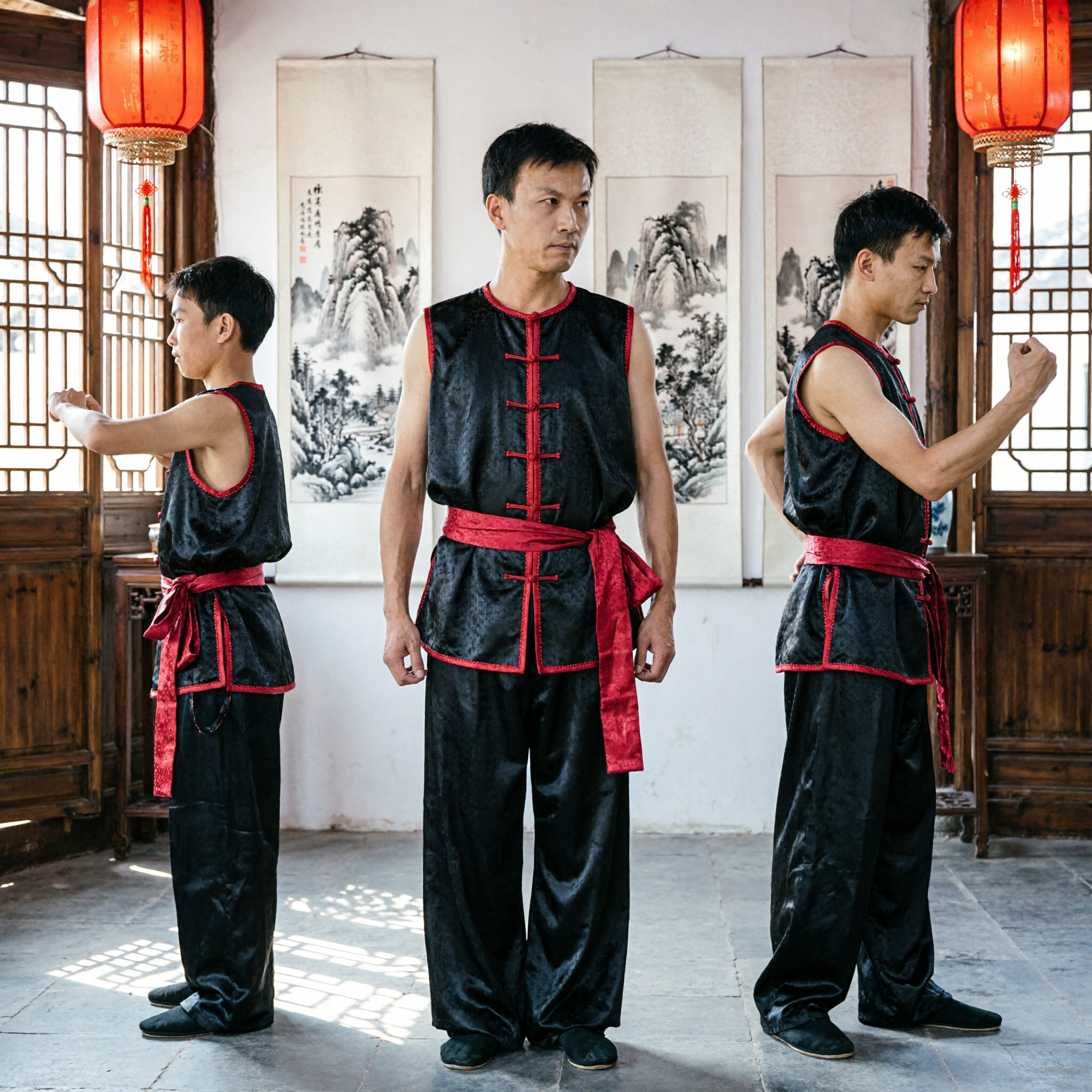 Mannen Traditioneel Zwart en Rood Mouwloos Kung Fu Uniform Wushu Tai Chi Martial Arts Trainingspak - Asian Costume