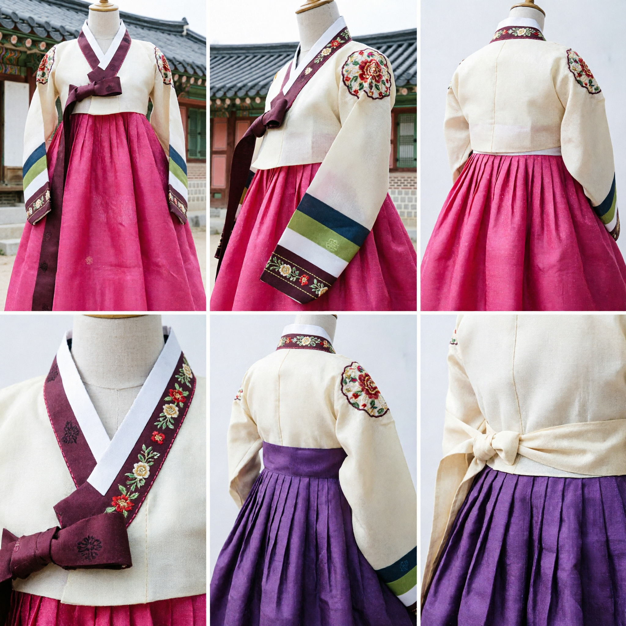 Tradycyjna koreańska suknia hanbok, różowa chima i kolorowa pasiasta bluzka jeogori dla dziewczynek na festiwale i śluby - Asian Costume