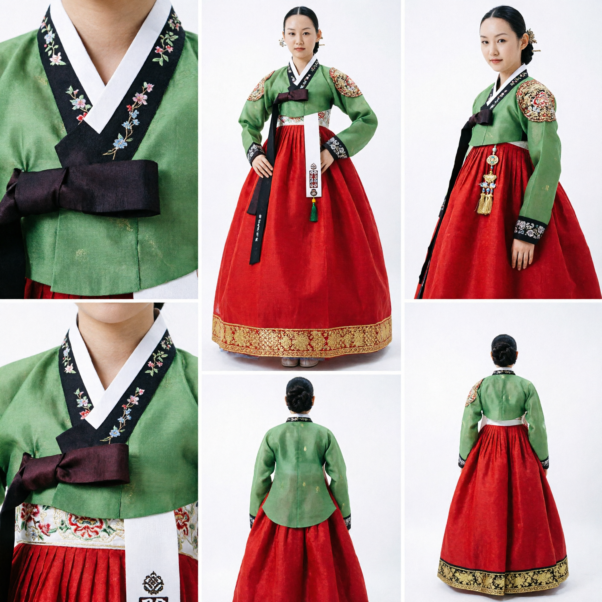 Damski tradycyjny zestaw koreański hanbok, zielony haftowany jeogori i czerwona chima na specjalne okazje i śluby - Asian Costume