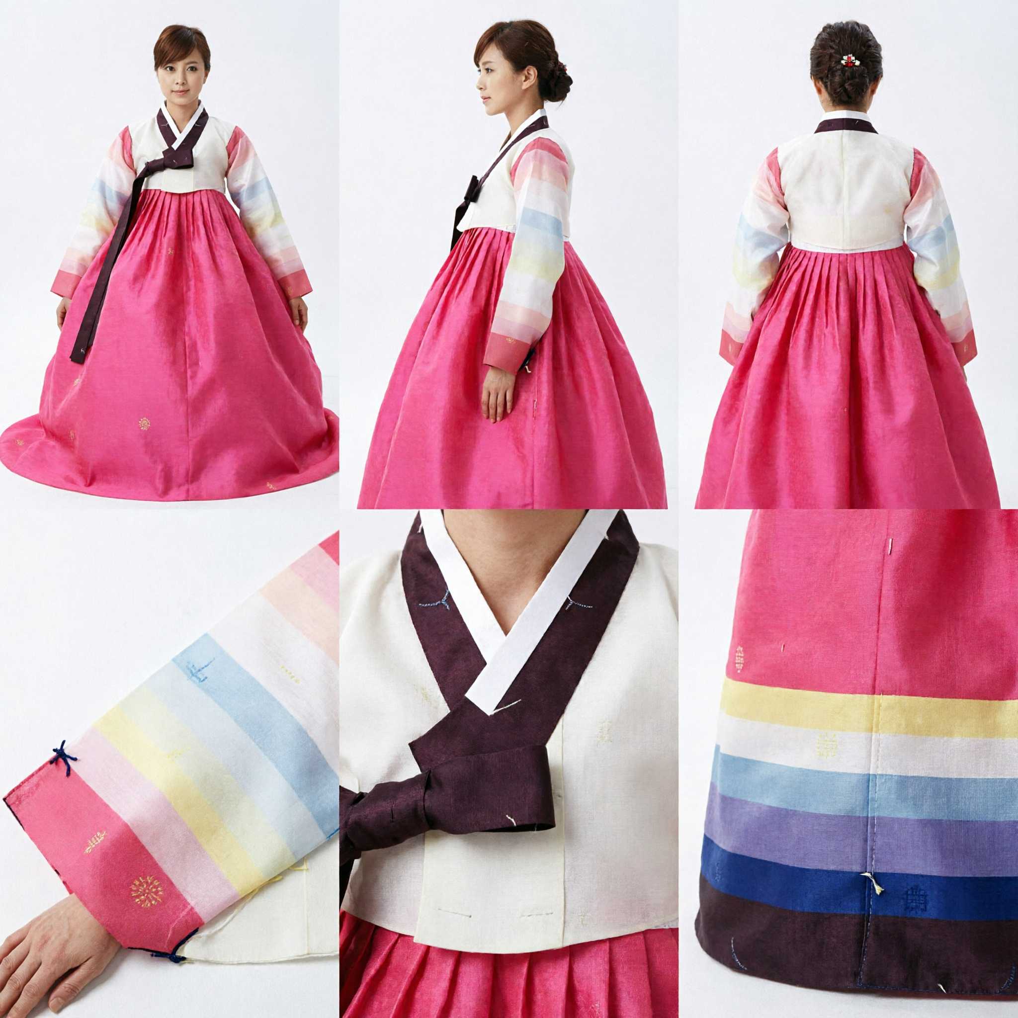 Vestido Hanbok Coreano Tradicional para Mujer, Falda Chima Rosa Brillante con Jeogori Superior a Rayas Coloridas para Ocasiones Especiales - Asian Costume