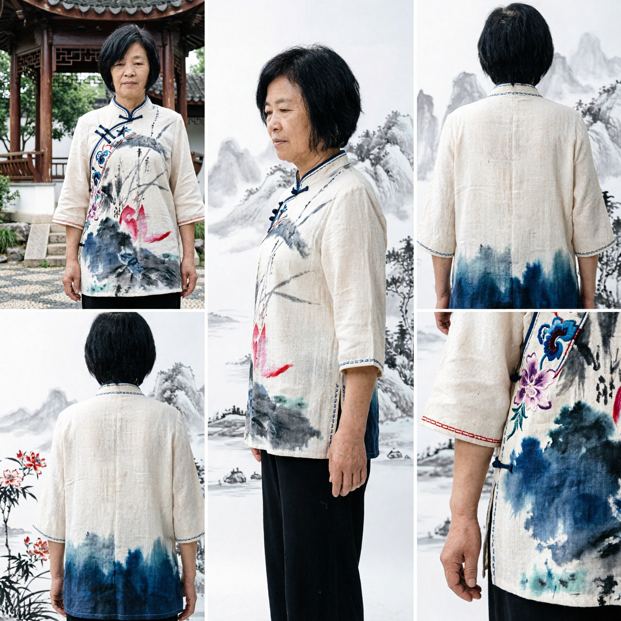 Blusa Tradicional China de Verano en Lino para Mujer, Estampado de Pintura a la Tinta, Holgada Blusa Tang Suit para Uso Diario Casual - Asian Costume