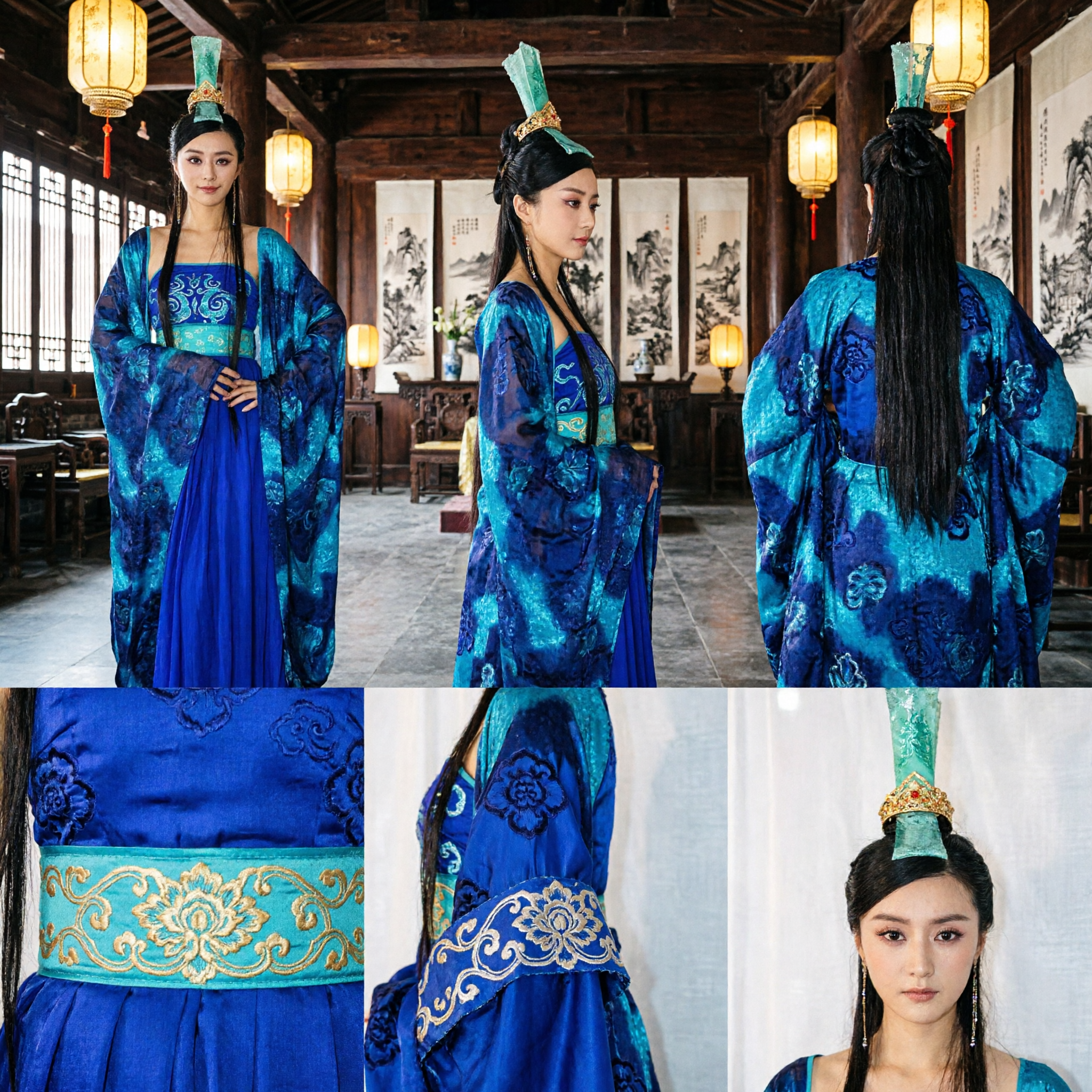 Oud Chinees Blauw Keizerin Kostuum Traditionele Tang Dynastie Prinsessenjurk voor Vrouwen Podiumoptreden - Asian Costume
