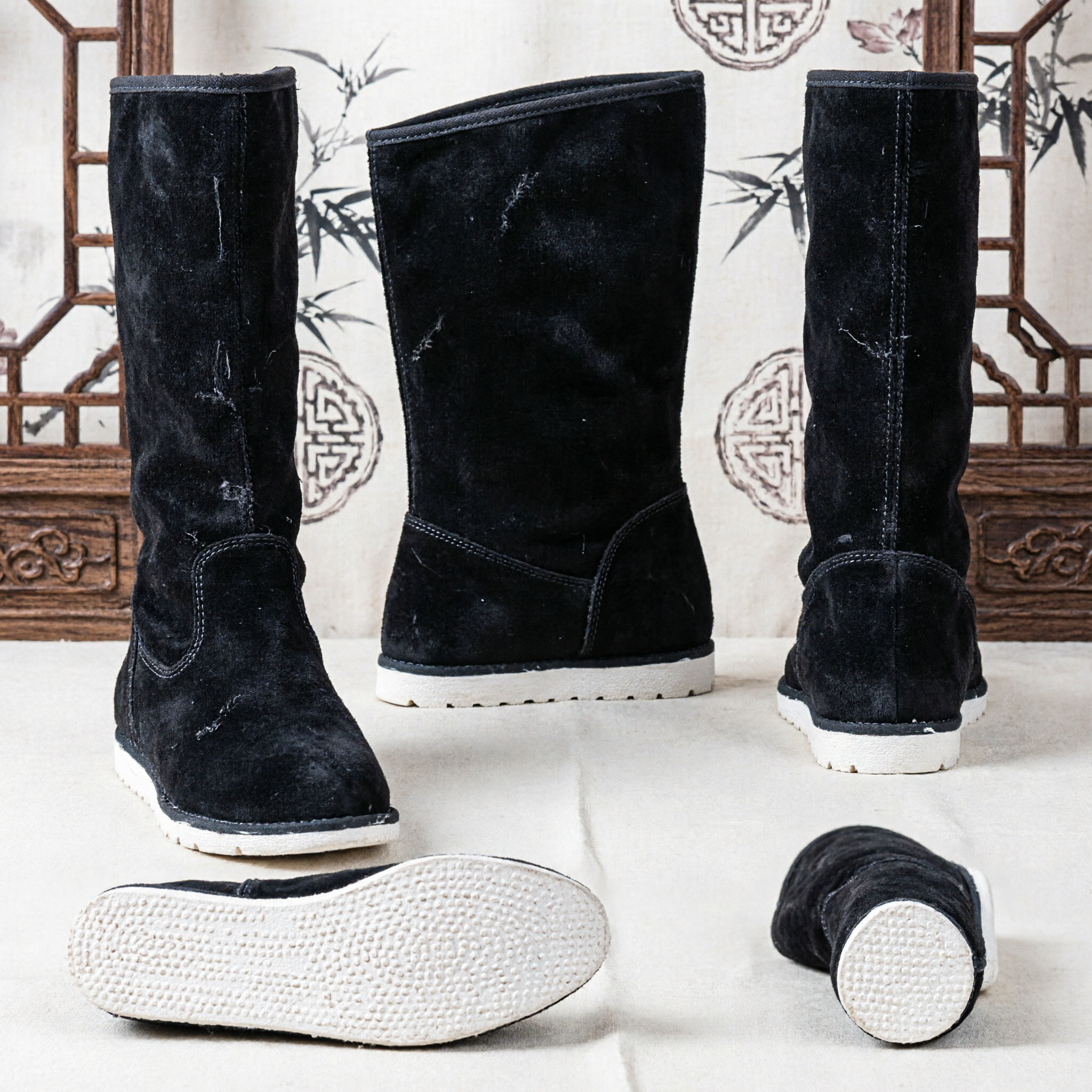 伝統的中国 黒ハイトップ功夫ブーツ 武術パフォーマンスと漢服コスプレ衣装用 - Asian Costume