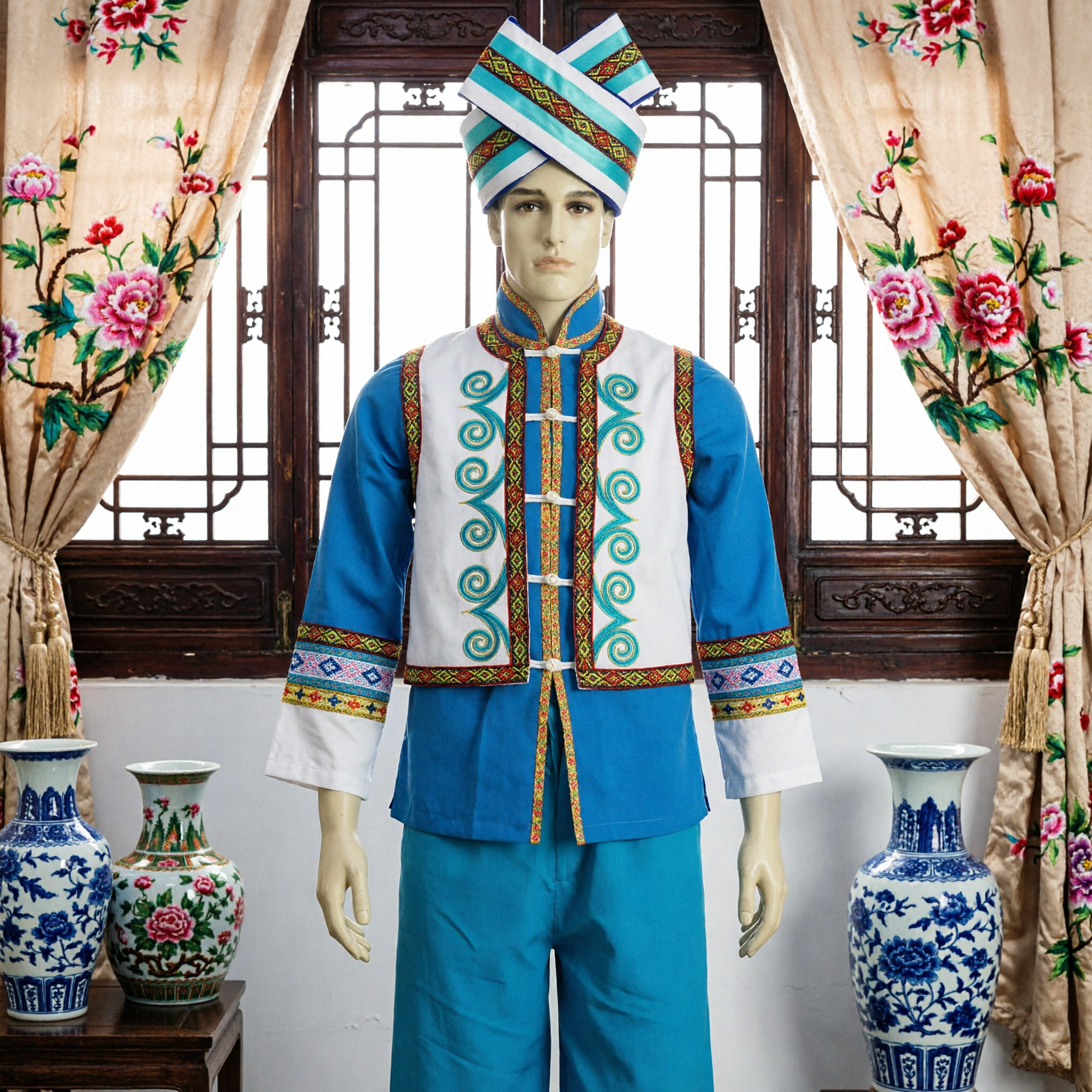 Traditionelles chinesisches Ethnische-Minderheiten-Kostüm Herren Blaue Stickerei Volkstanz Bühnenaufführungs-Outfit Komplettes Set - Asian Costume